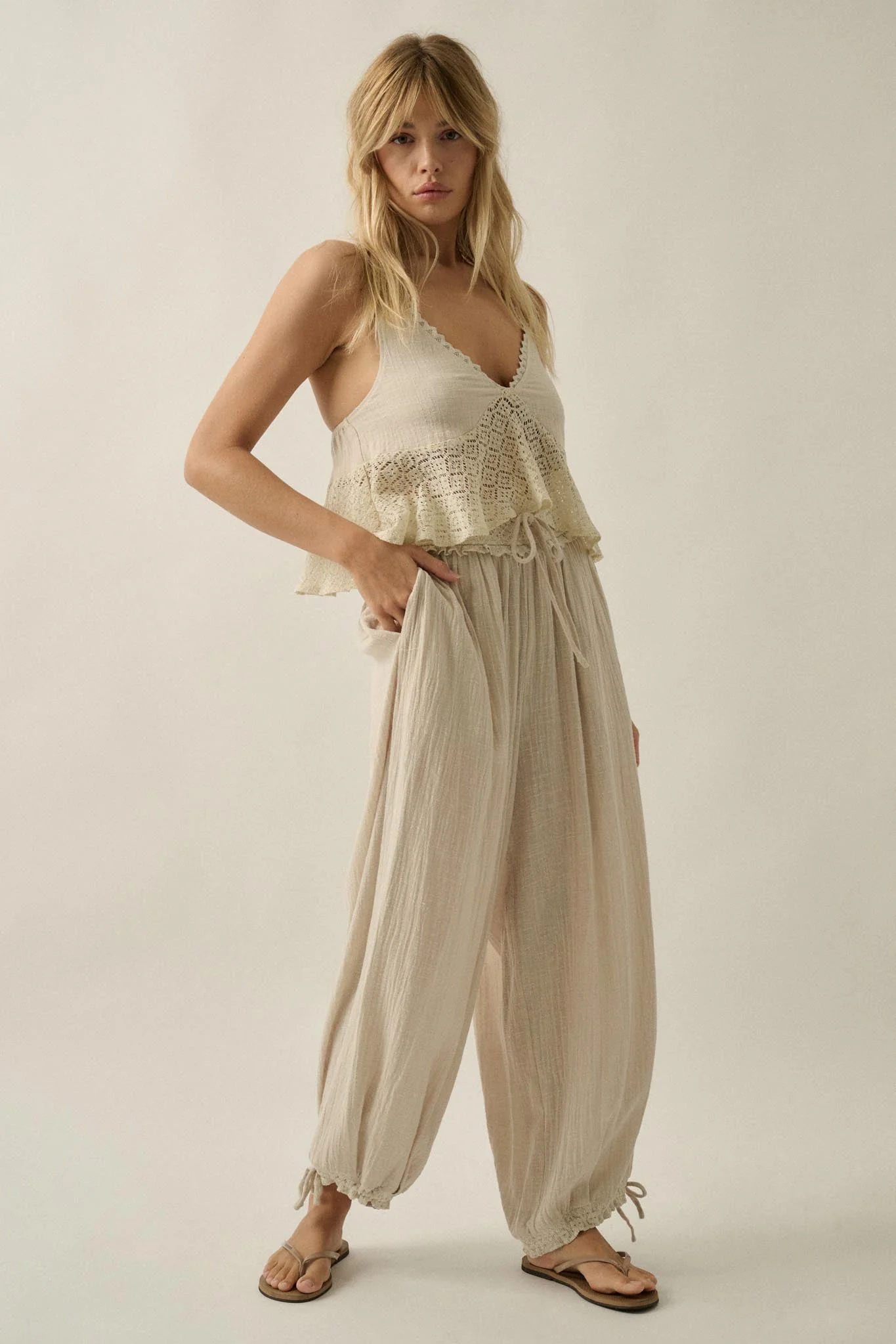 Break Free Cotton Gauze Drawstring Balloon Pants - Image 4