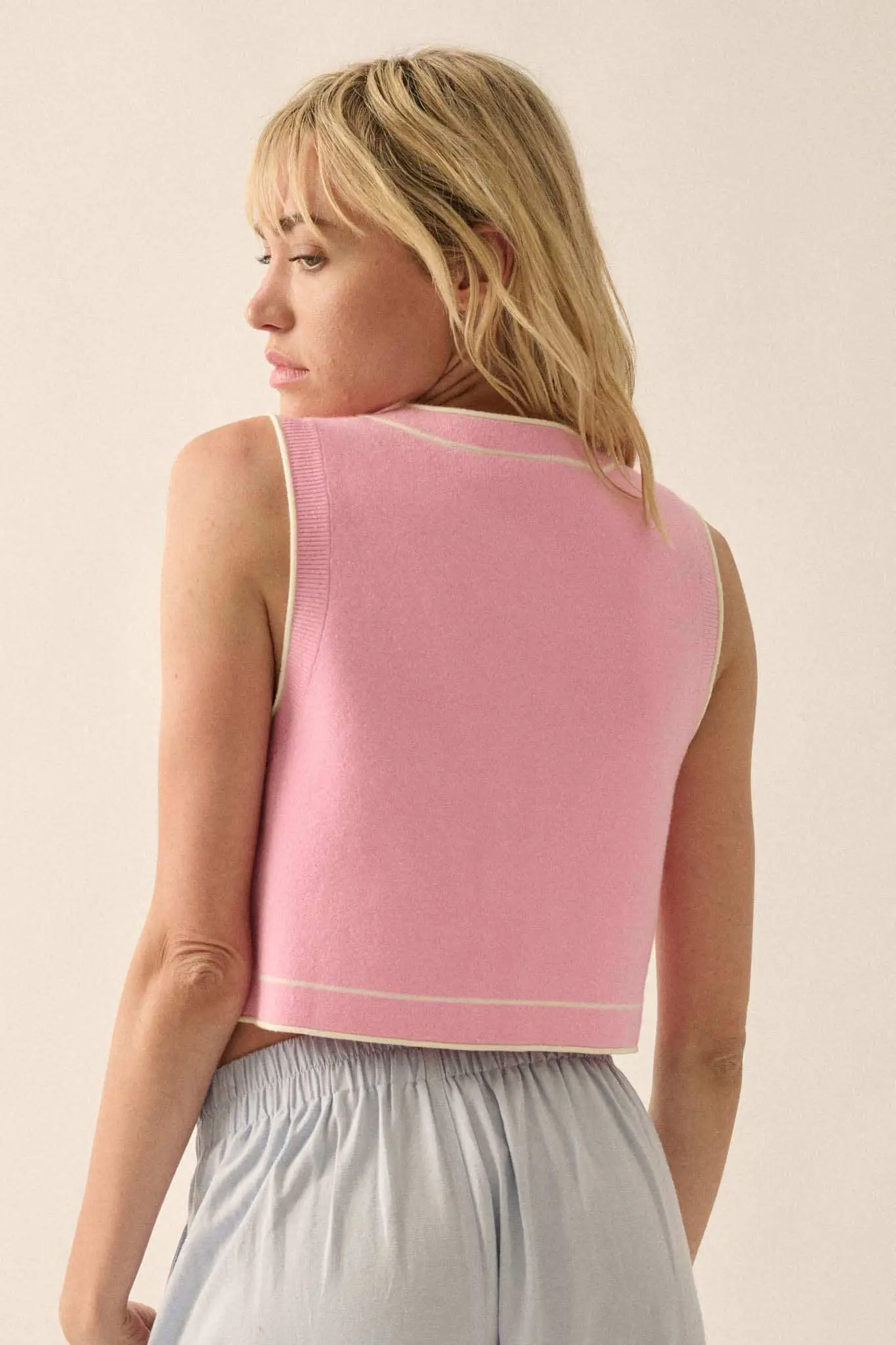Break Out Sleeveless Button-Up Cropped Sweater - Image 2