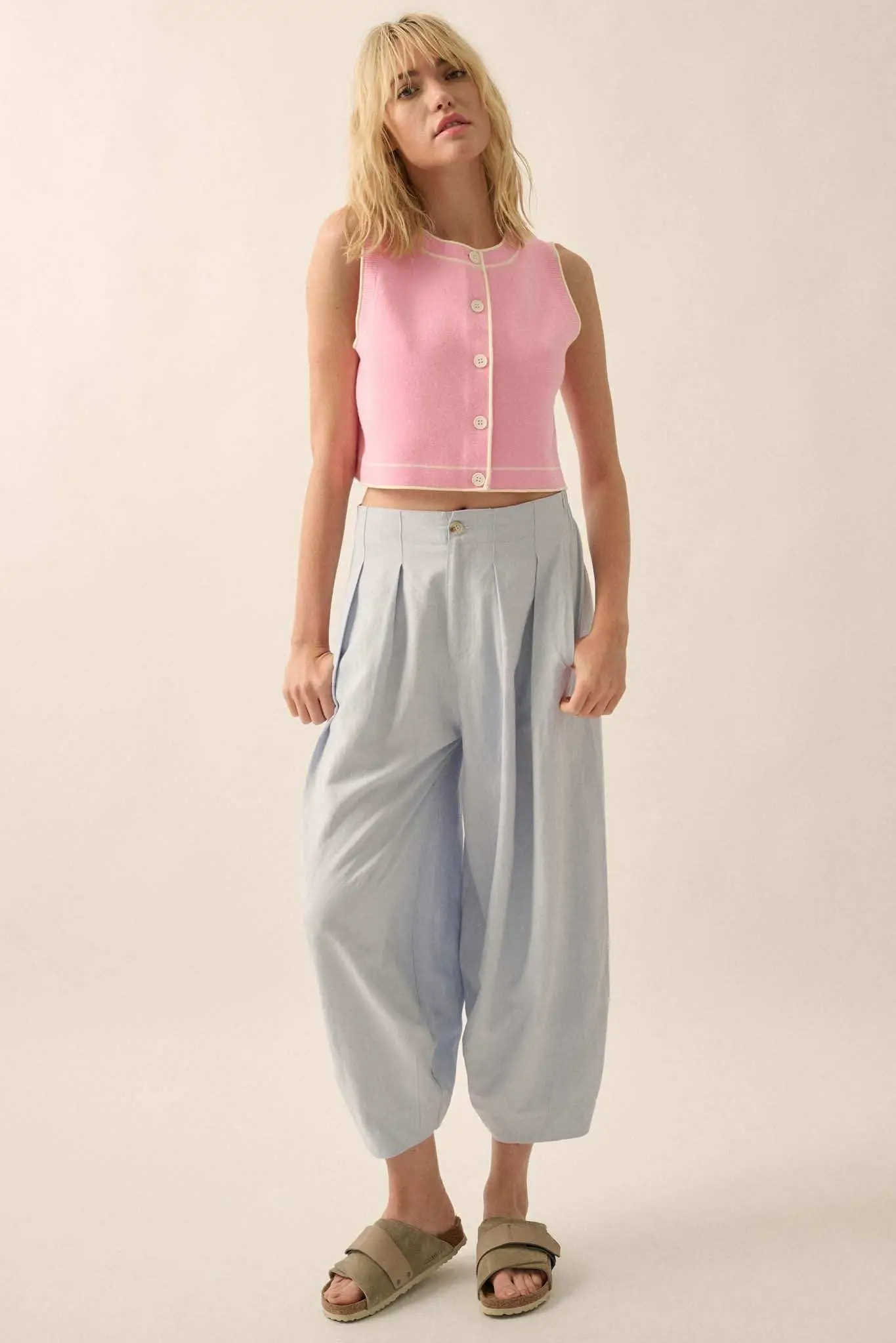 Break Out Sleeveless Button-Up Cropped Sweater - Image 3