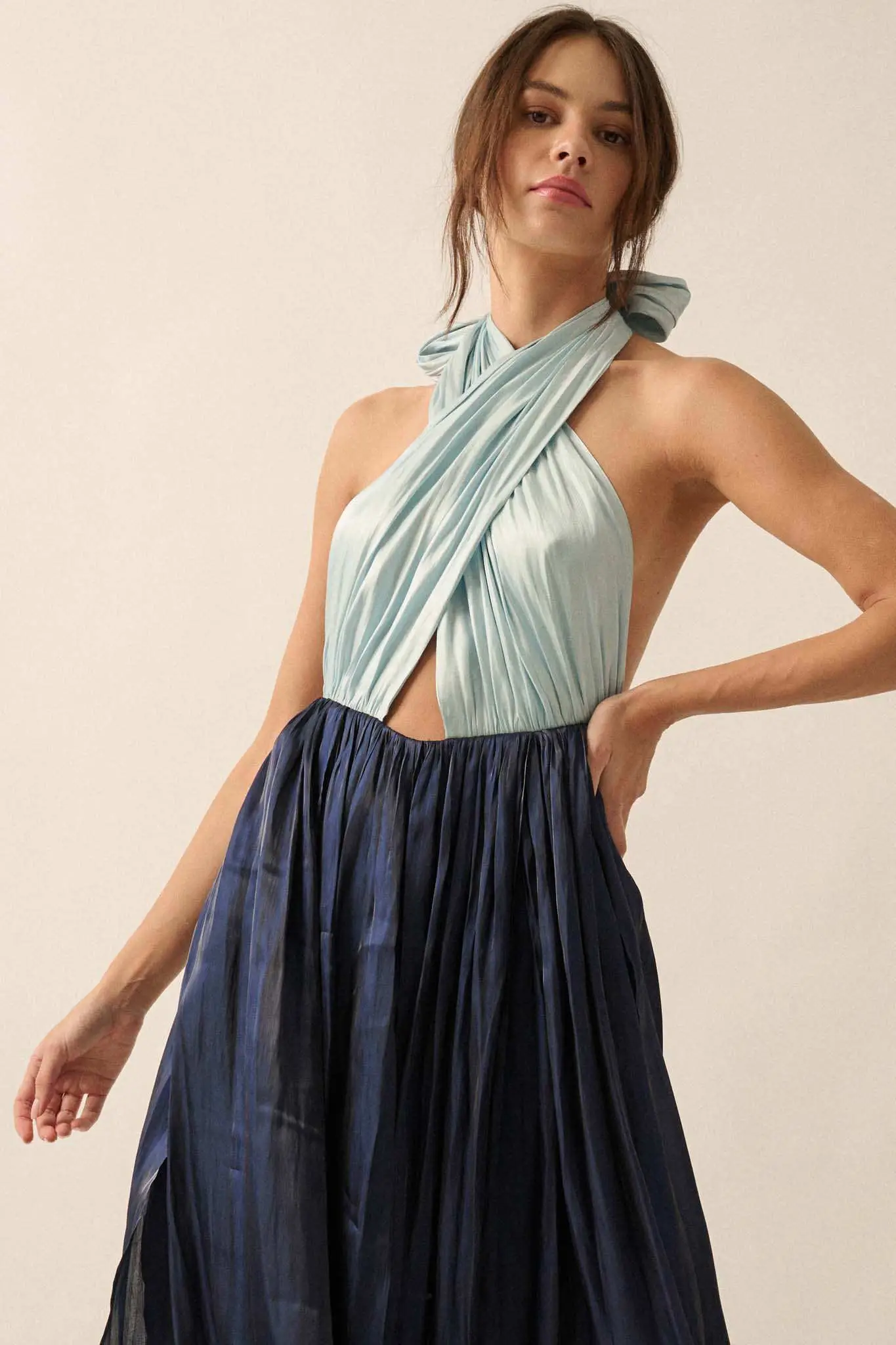 Breaking Waves Satin Cross-Front Halter Maxi Dress - Image 19