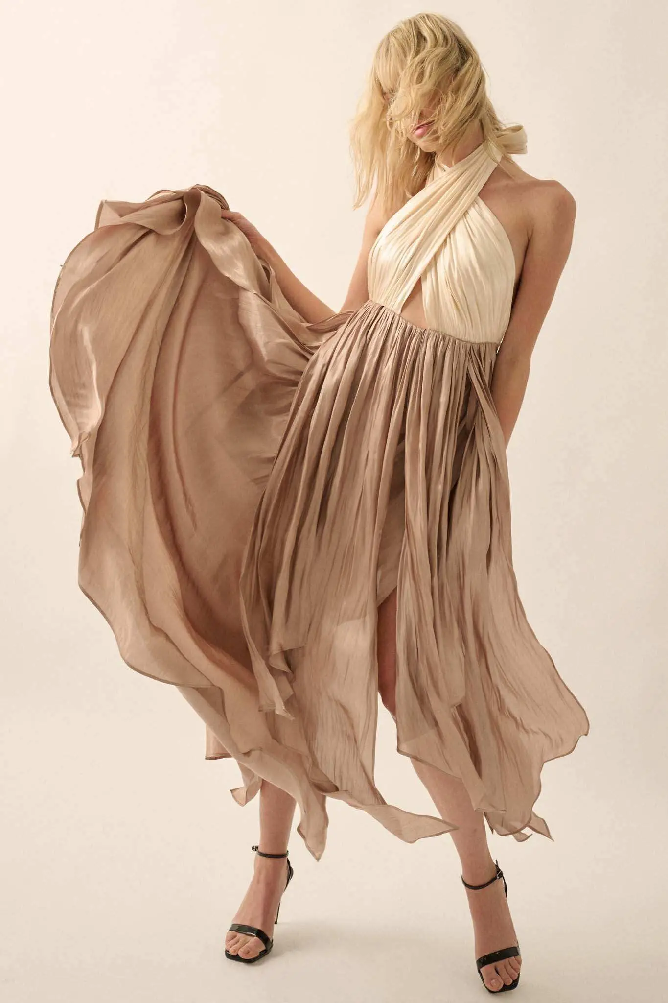 Breaking Waves Satin Cross-Front Halter Maxi Dress - Image 4