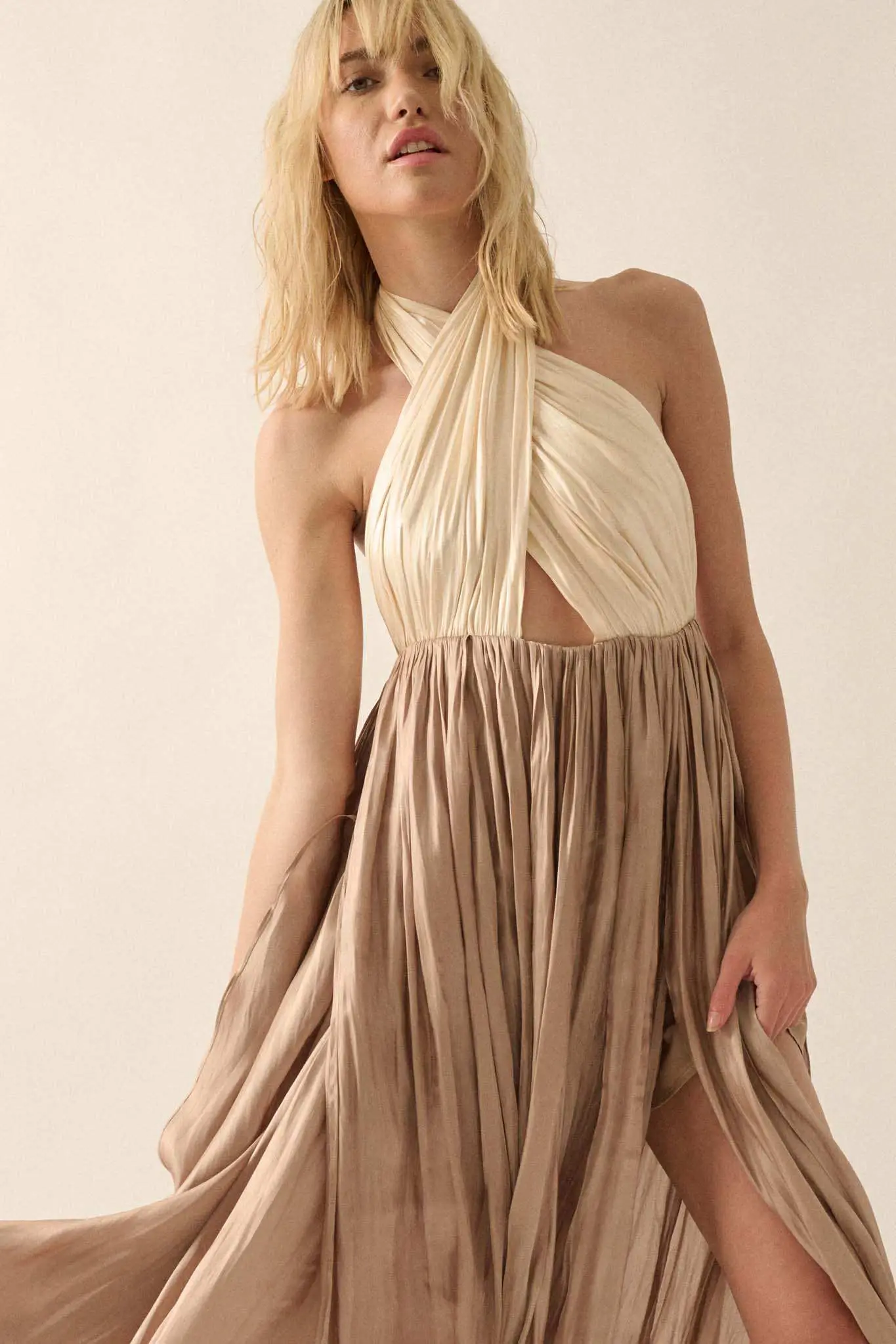 Breaking Waves Satin Cross-Front Halter Maxi Dress - Image 5