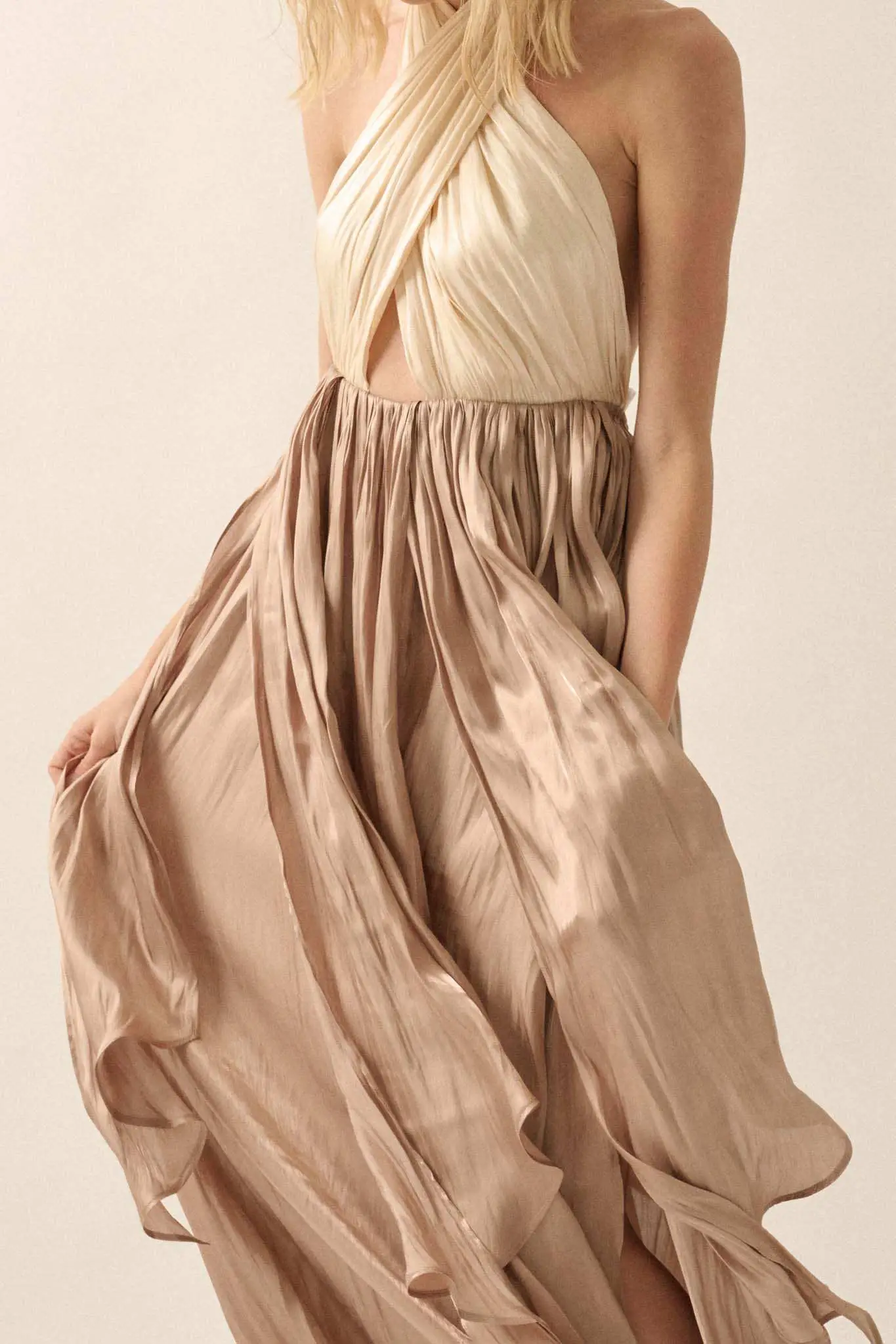 Breaking Waves Satin Cross-Front Halter Maxi Dress - Image 7