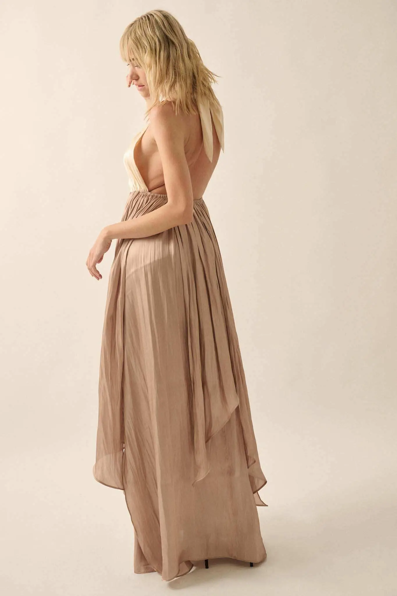 Breaking Waves Satin Cross-Front Halter Maxi Dress - Image 9