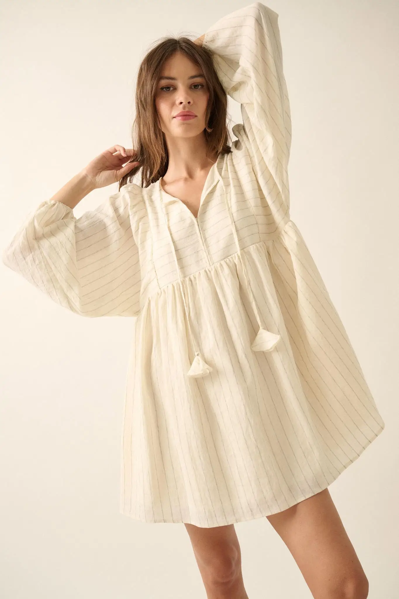Breezy Belle Pinstripe Babydoll Peasant Mini Dress