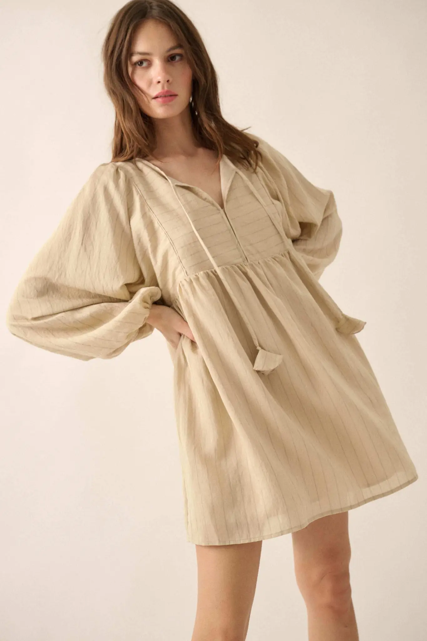 Breezy Belle Pinstripe Babydoll Peasant Mini Dress - Image 10