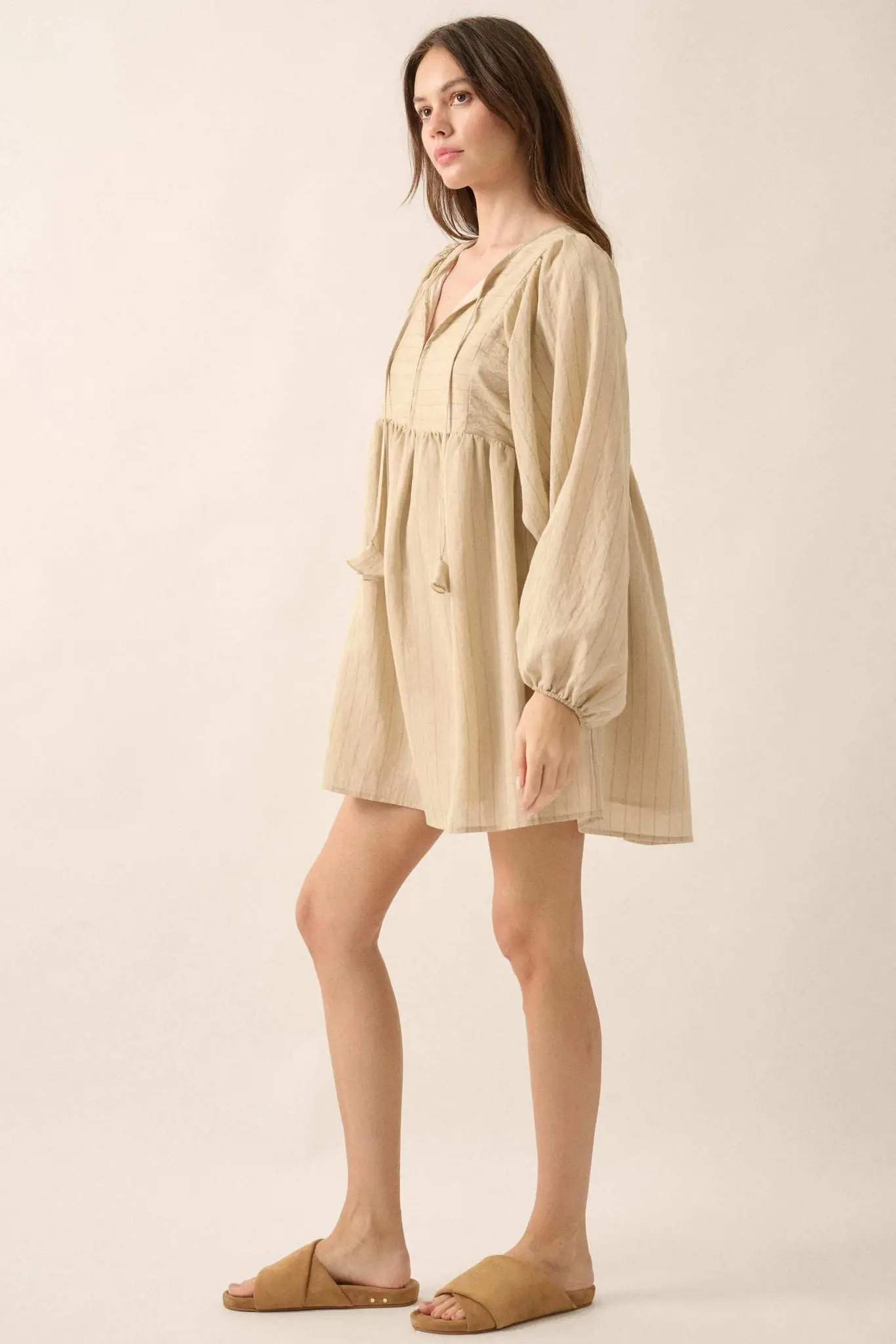 Breezy Belle Pinstripe Babydoll Peasant Mini Dress - Image 11