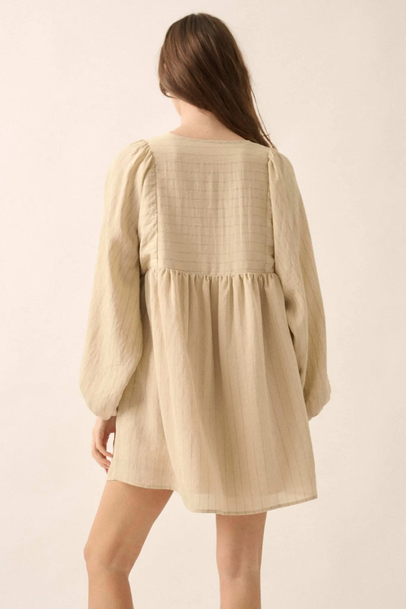 Breezy Belle Pinstripe Babydoll Peasant Mini Dress - Image 12