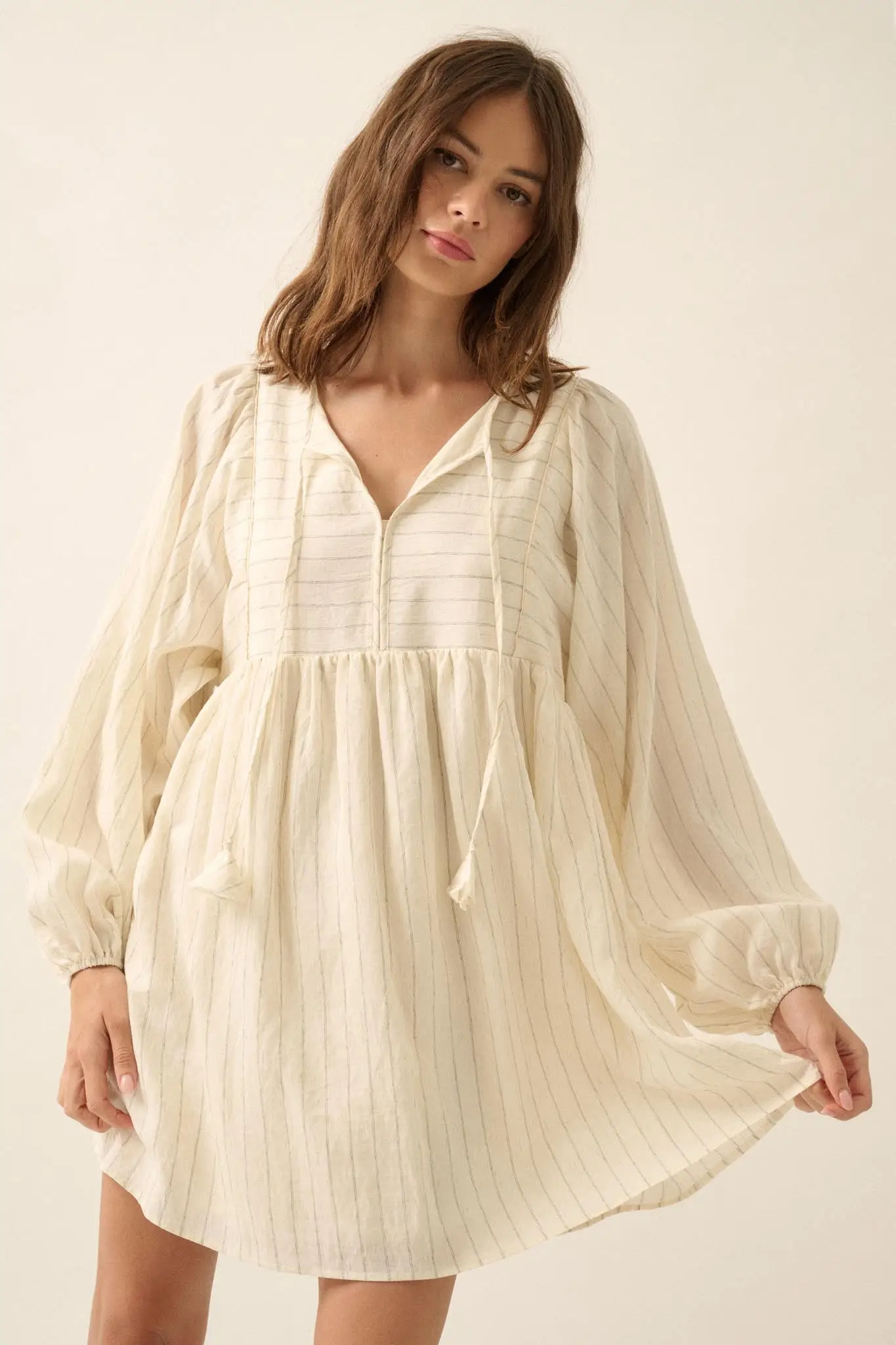 Breezy Belle Pinstripe Babydoll Peasant Mini Dress - Image 6