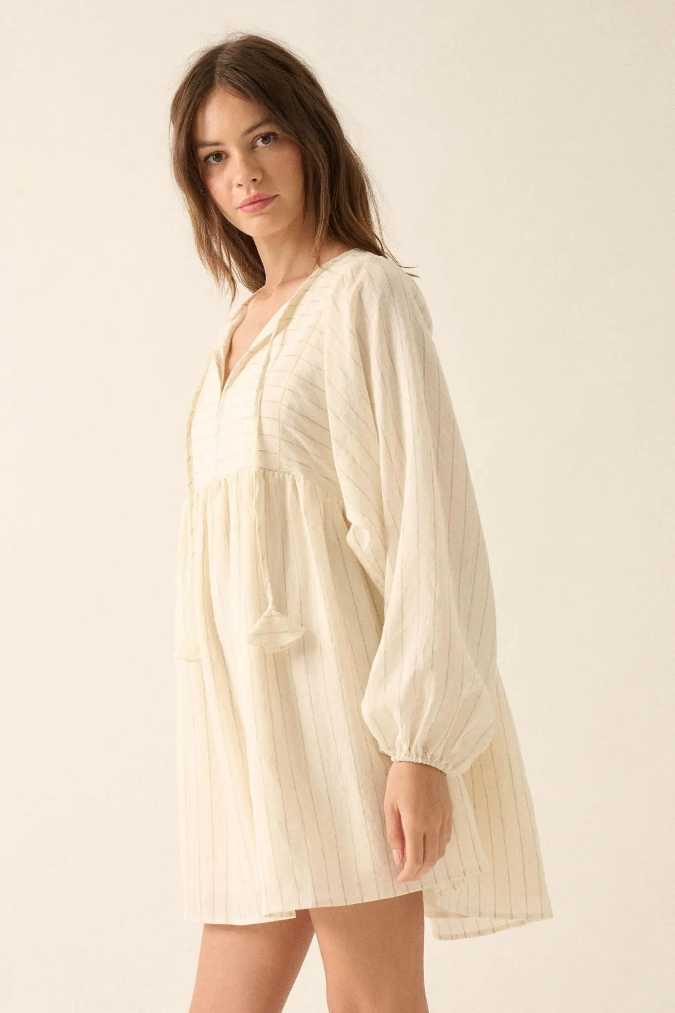 Breezy Belle Pinstripe Babydoll Peasant Mini Dress - Image 7
