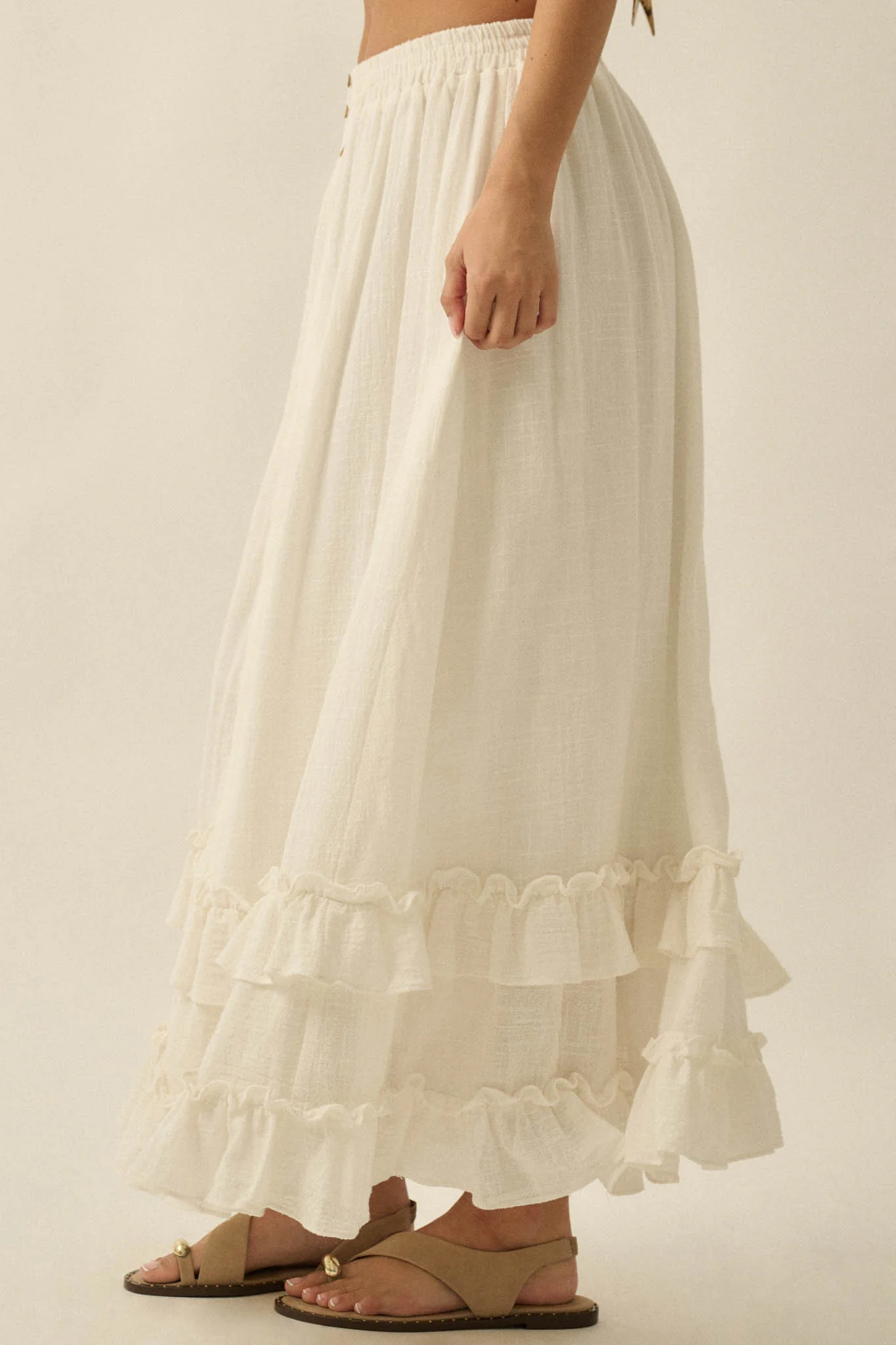 Breezy Day Cotton Gauze Button Ruffle Maxi Skirt - Image 11