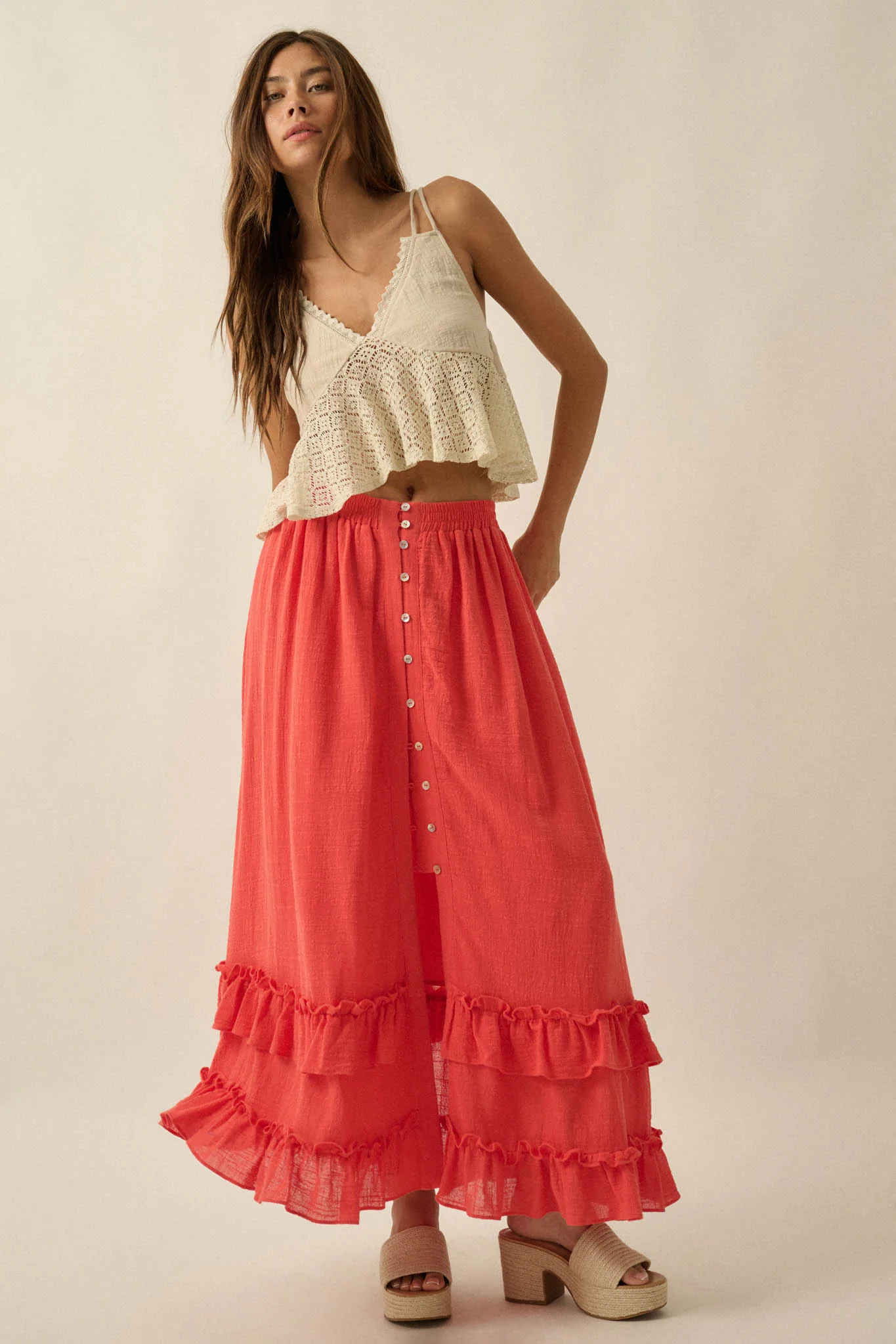Breezy Day Cotton Gauze Button Ruffle Maxi Skirt - Image 14