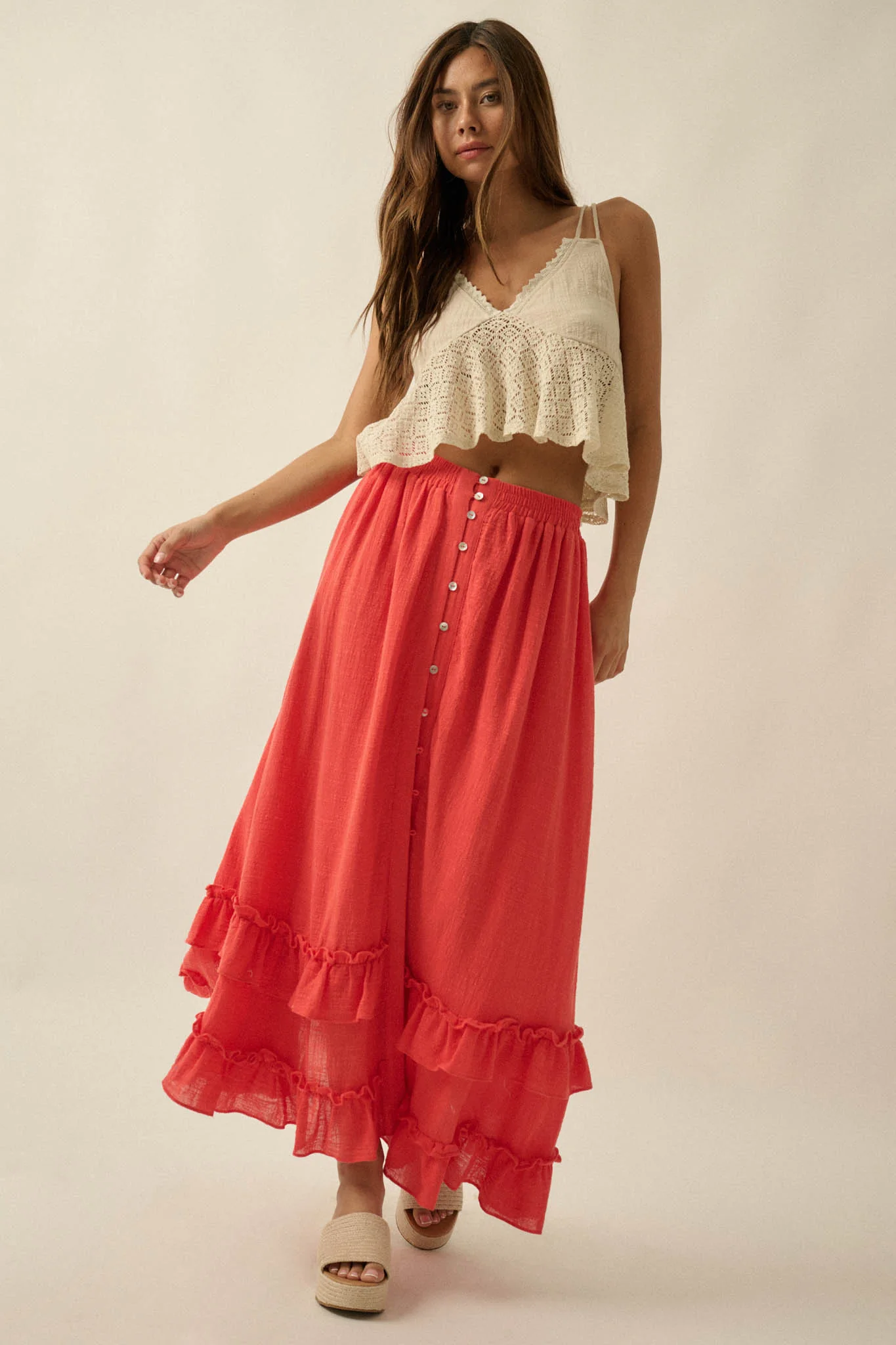 Breezy Day Cotton Gauze Button Ruffle Maxi Skirt - Image 16