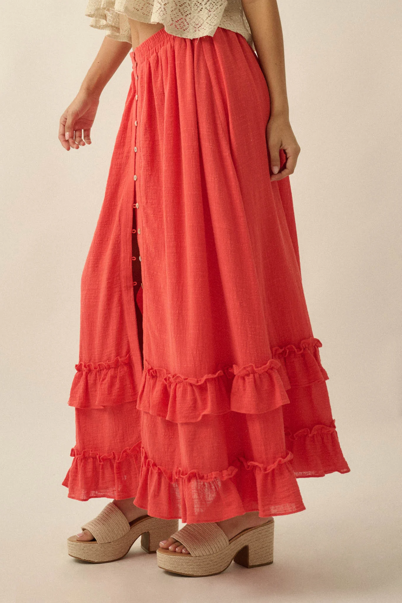 Breezy Day Cotton Gauze Button Ruffle Maxi Skirt - Image 17