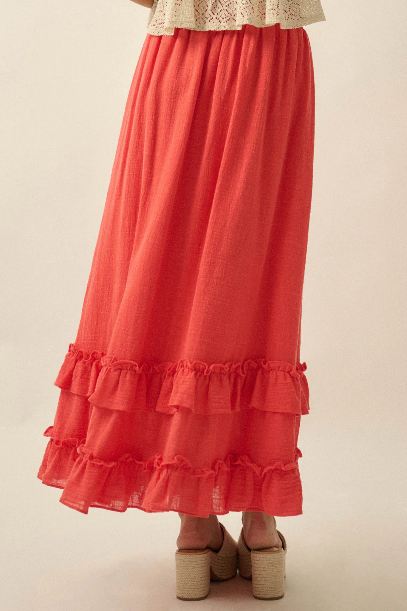 Breezy Day Cotton Gauze Button Ruffle Maxi Skirt - Image 18