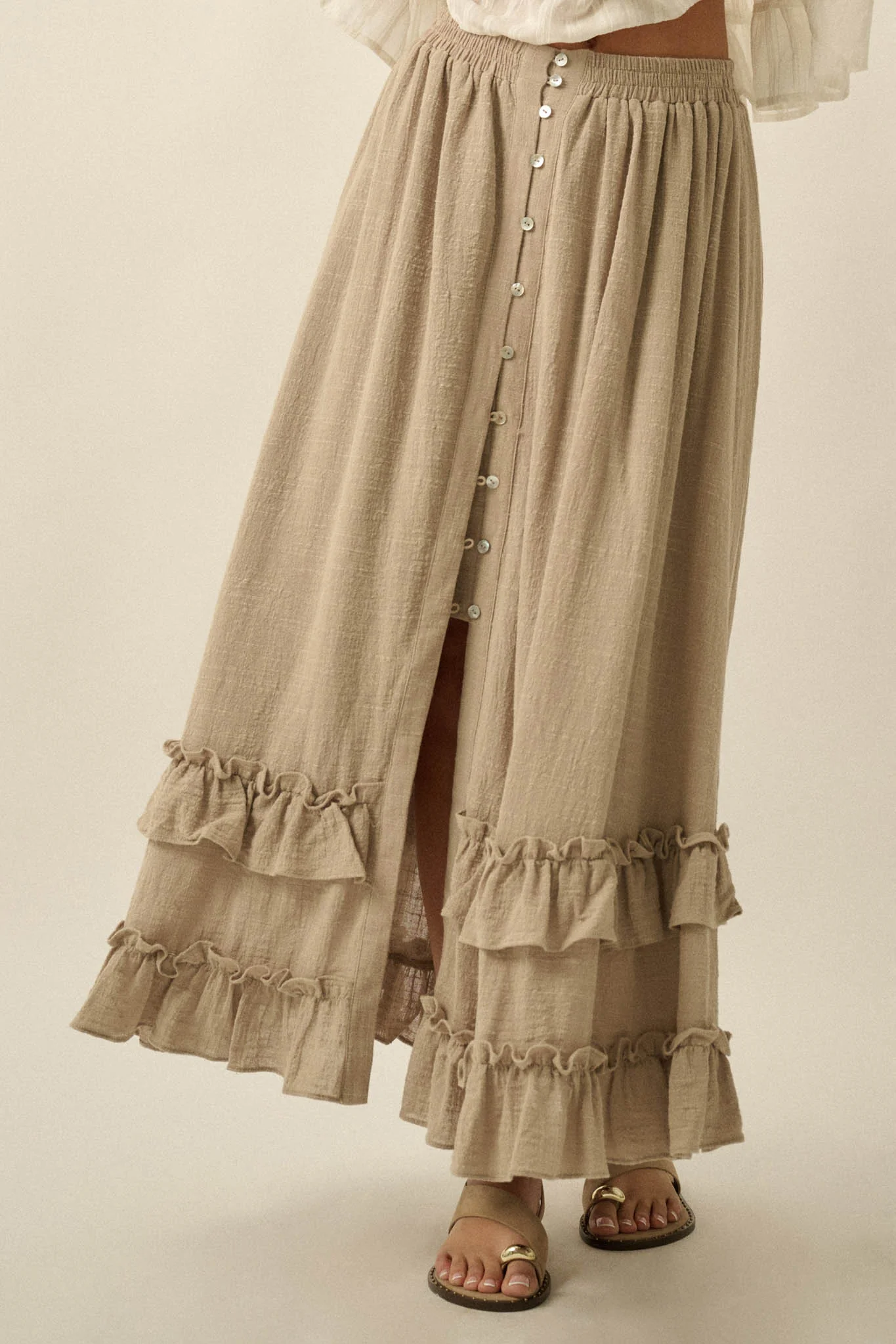 Breezy Day Cotton Gauze Button Ruffle Maxi Skirt - Image 19