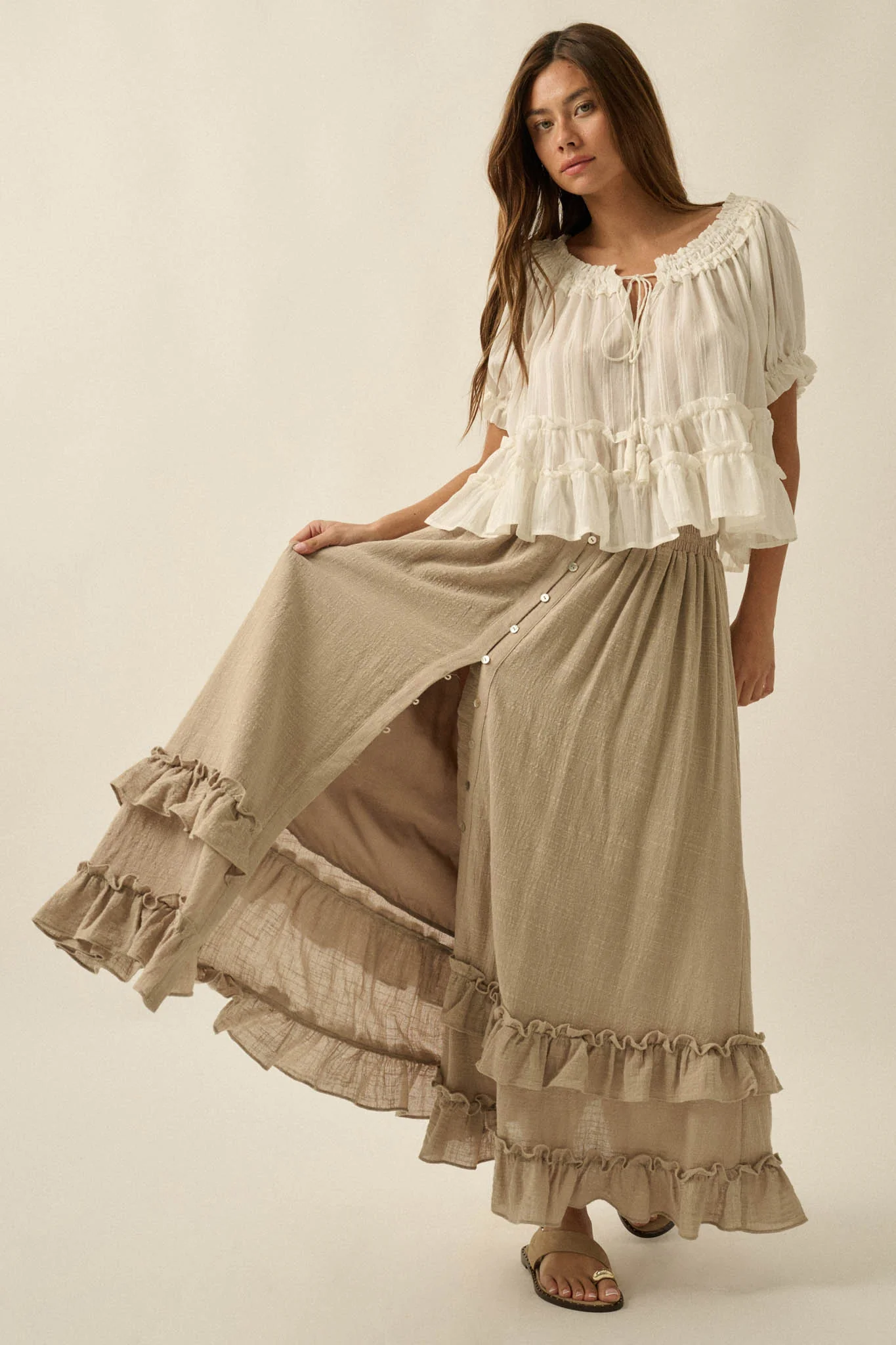 Breezy Day Cotton Gauze Button Ruffle Maxi Skirt - Image 20