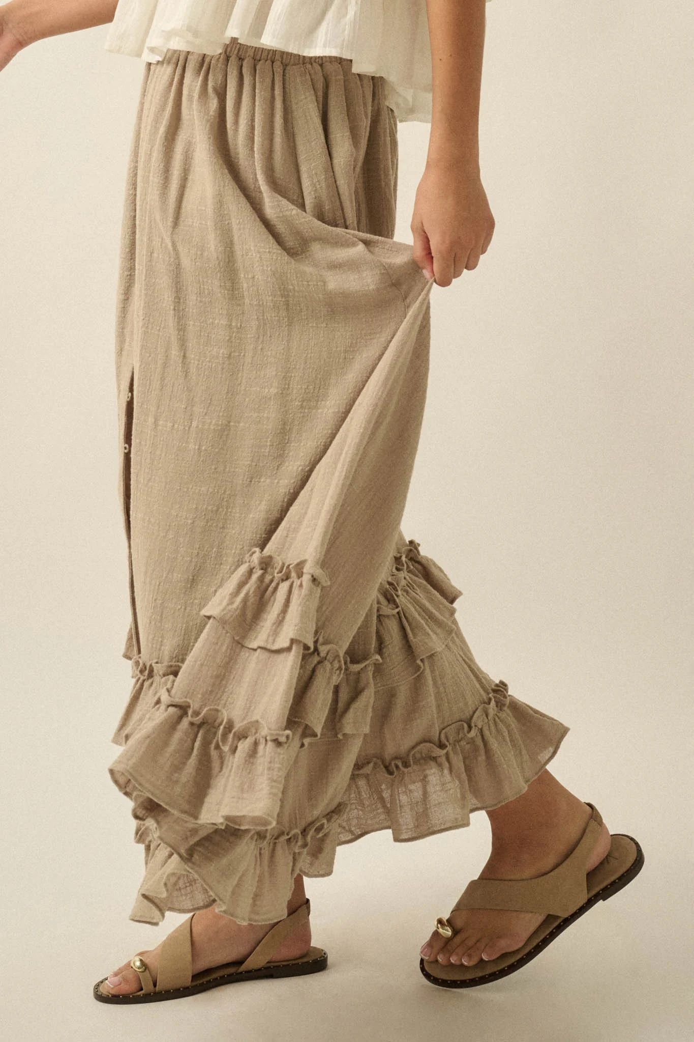 Breezy Day Cotton Gauze Button Ruffle Maxi Skirt - Image 23