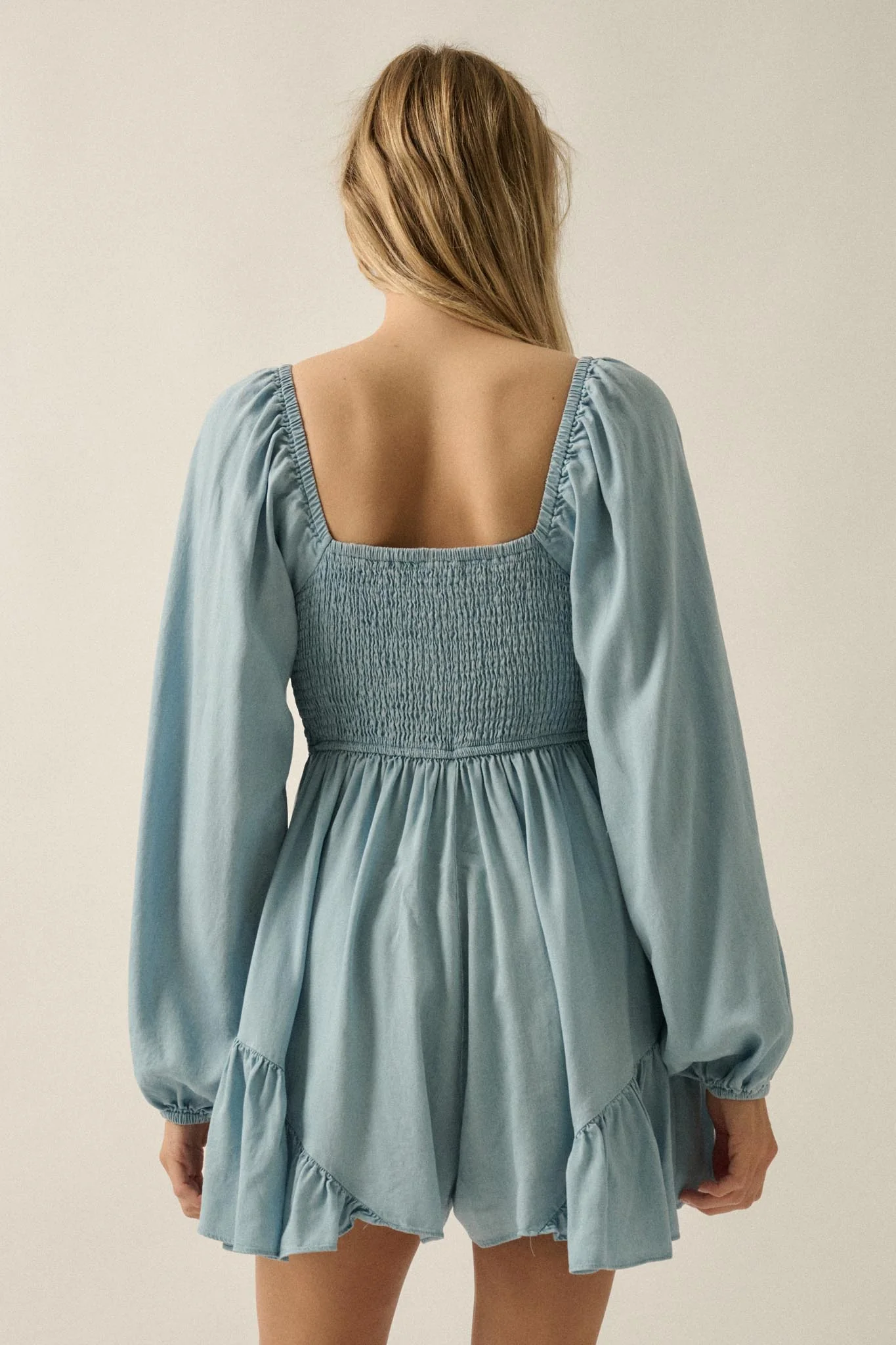 Bright Sky Ruffled Denim Tie-Front Romper - Image 9
