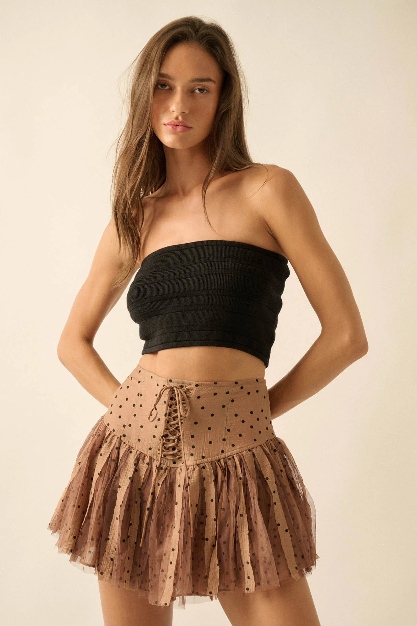 Bright Spot Polka Dot Lace-Up Drop-Waist Mini Skort - Image 10