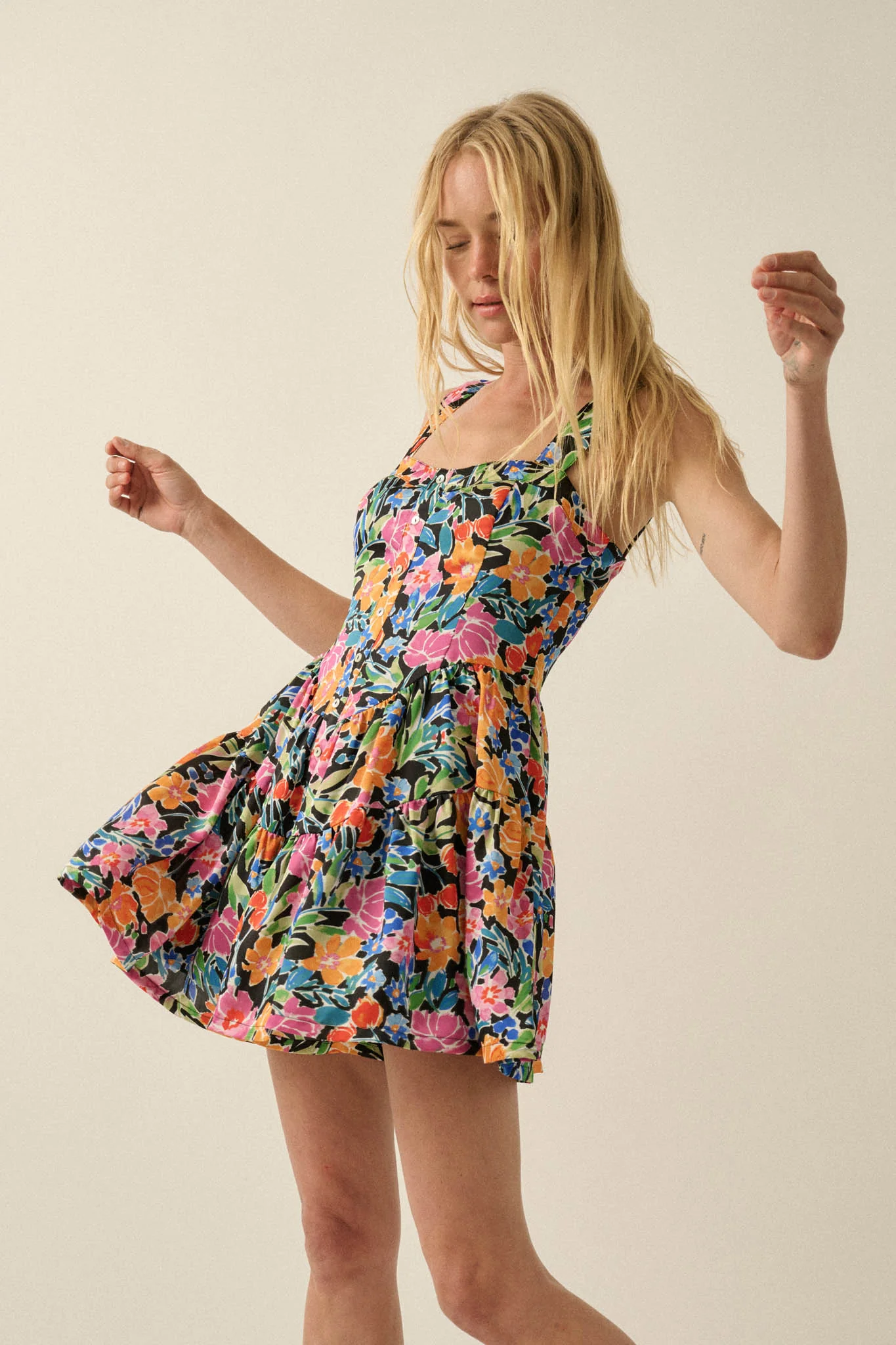 Brilliant Buds Floral Satin Tiered Ruffle Romper - Image 4