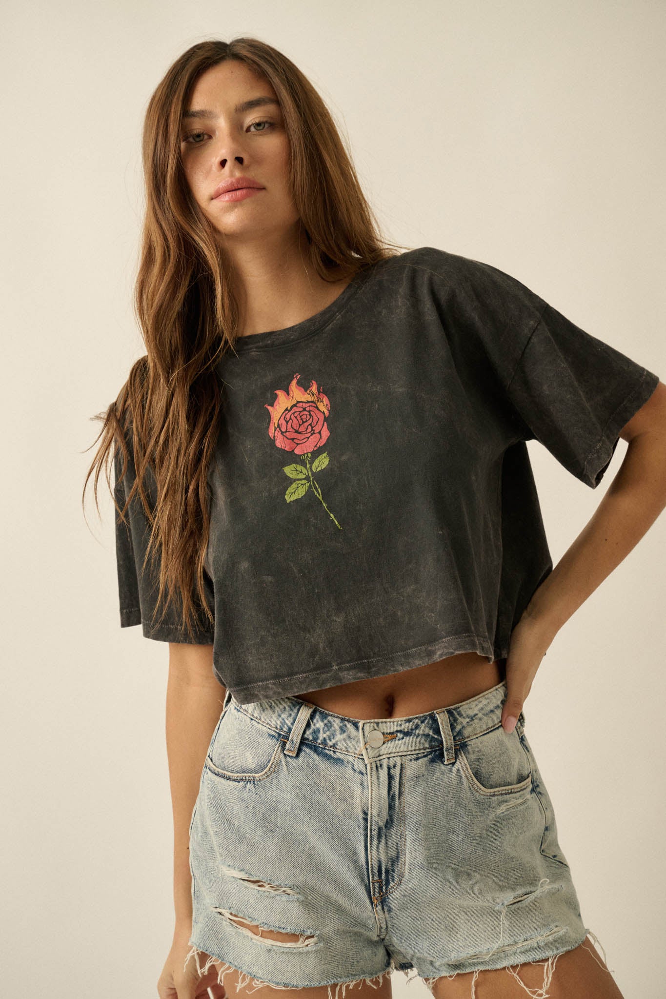 Burning Rose Vintage-Wash Cropped Graphic Tee - Image 4