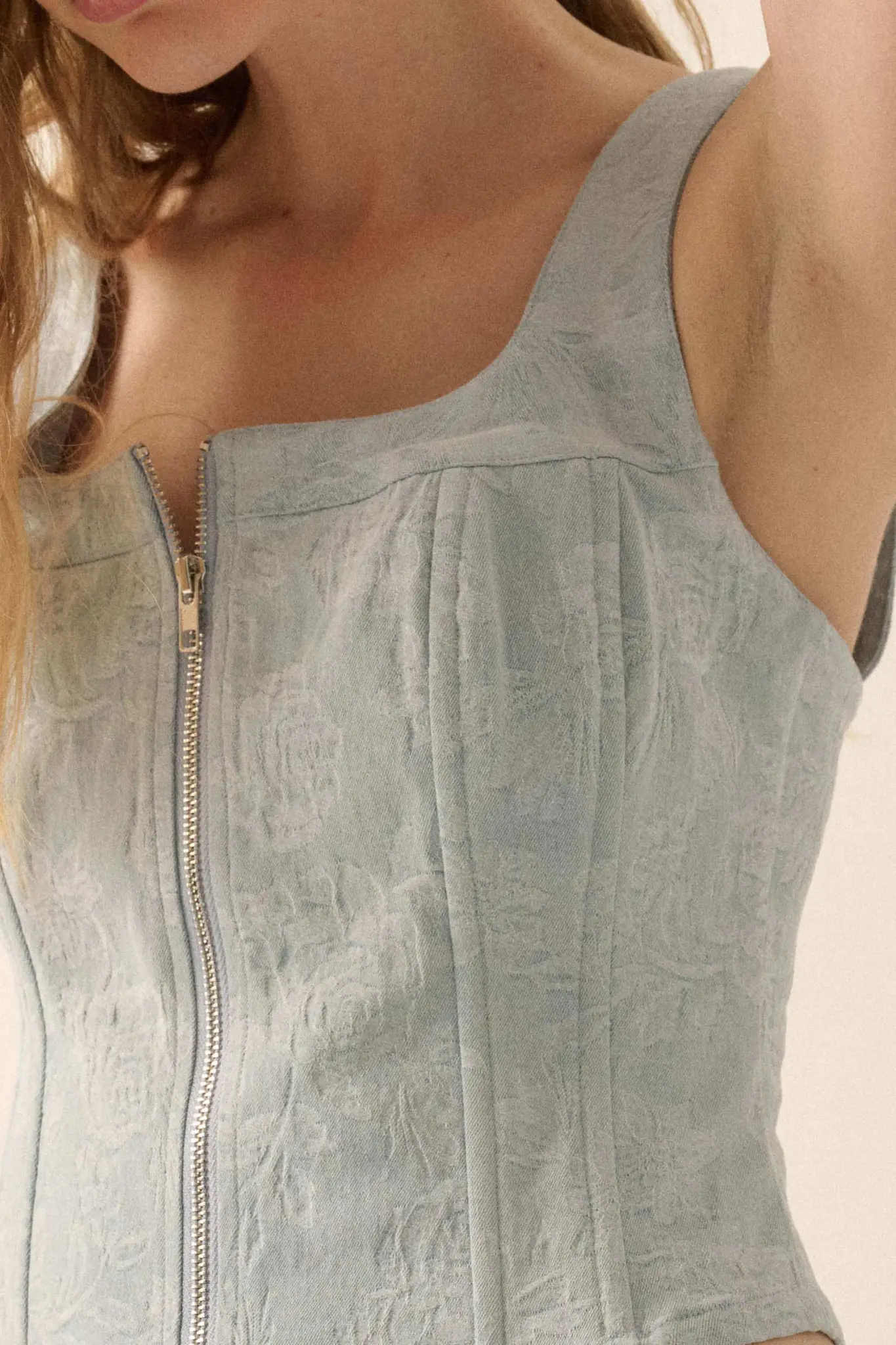 Burst of Blue Floral Jacquard Denim Corset Top - Image 2