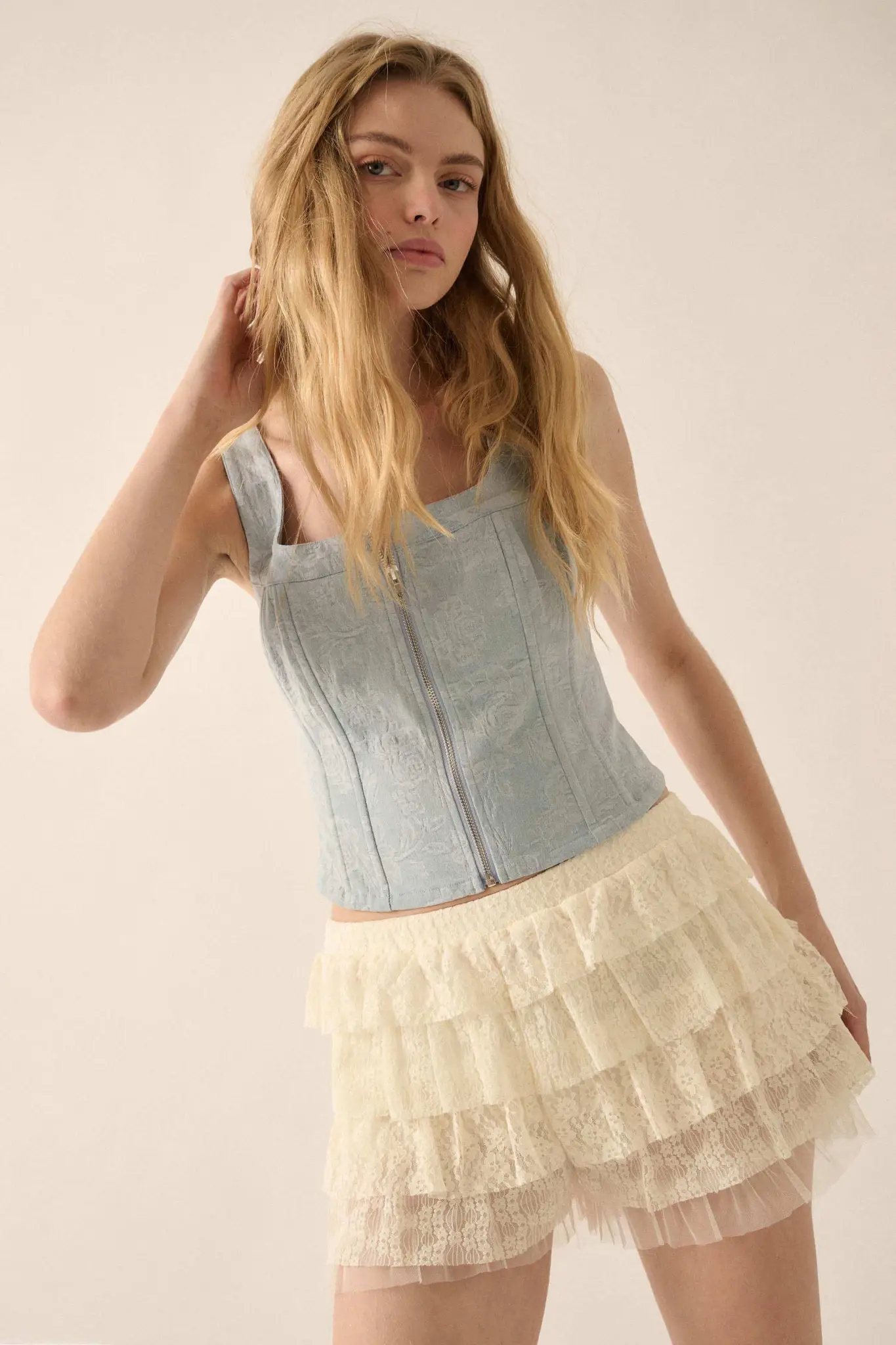 Burst of Blue Floral Jacquard Denim Corset Top - Image 3