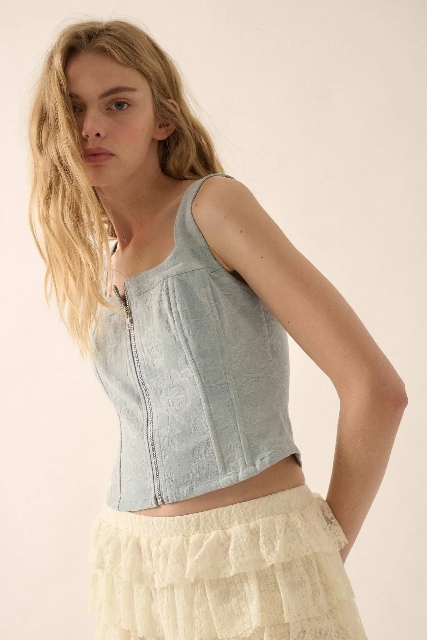 Burst of Blue Floral Jacquard Denim Corset Top - Image 5
