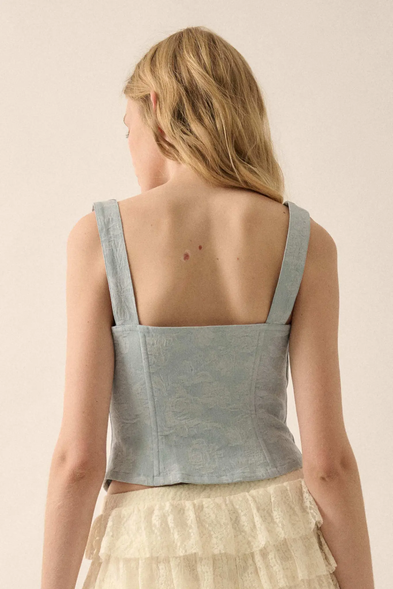 Burst of Blue Floral Jacquard Denim Corset Top - Image 6