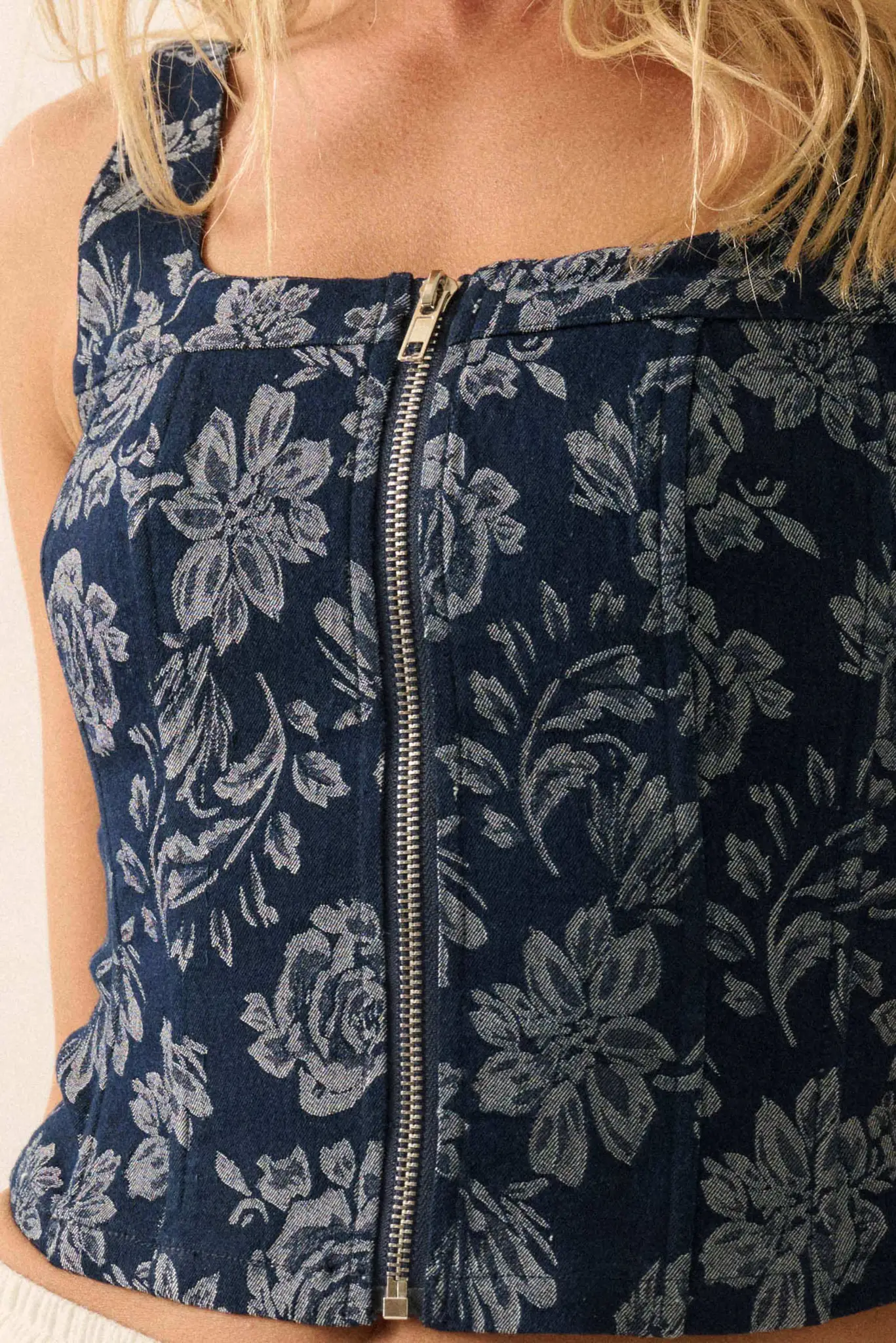 Burst of Blue Floral Jacquard Denim Corset Top - Image 8