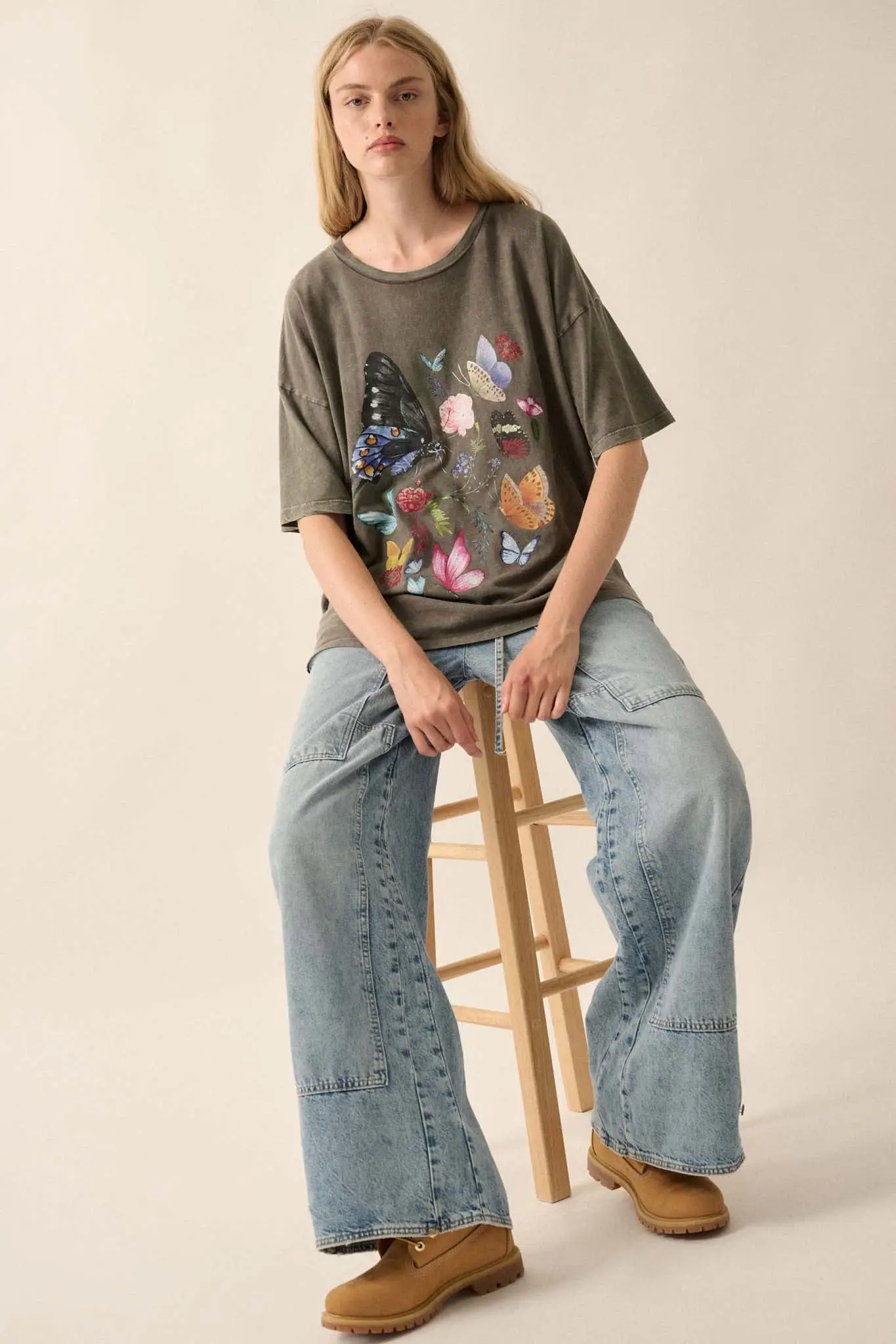 Butterfly Meadow Vintage-Wash Oversize Graphic Tee