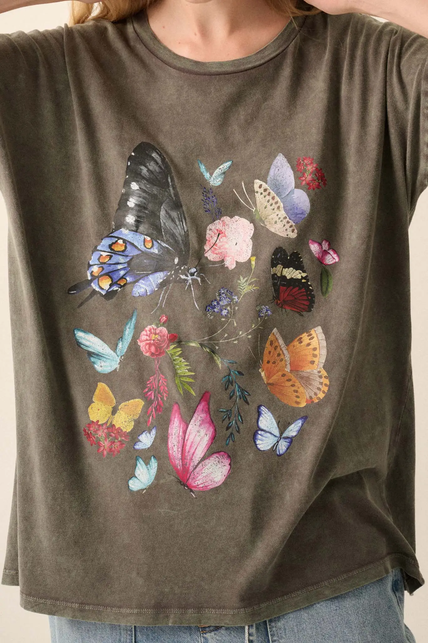 Butterfly Meadow Vintage-Wash Oversize Graphic Tee - Image 2