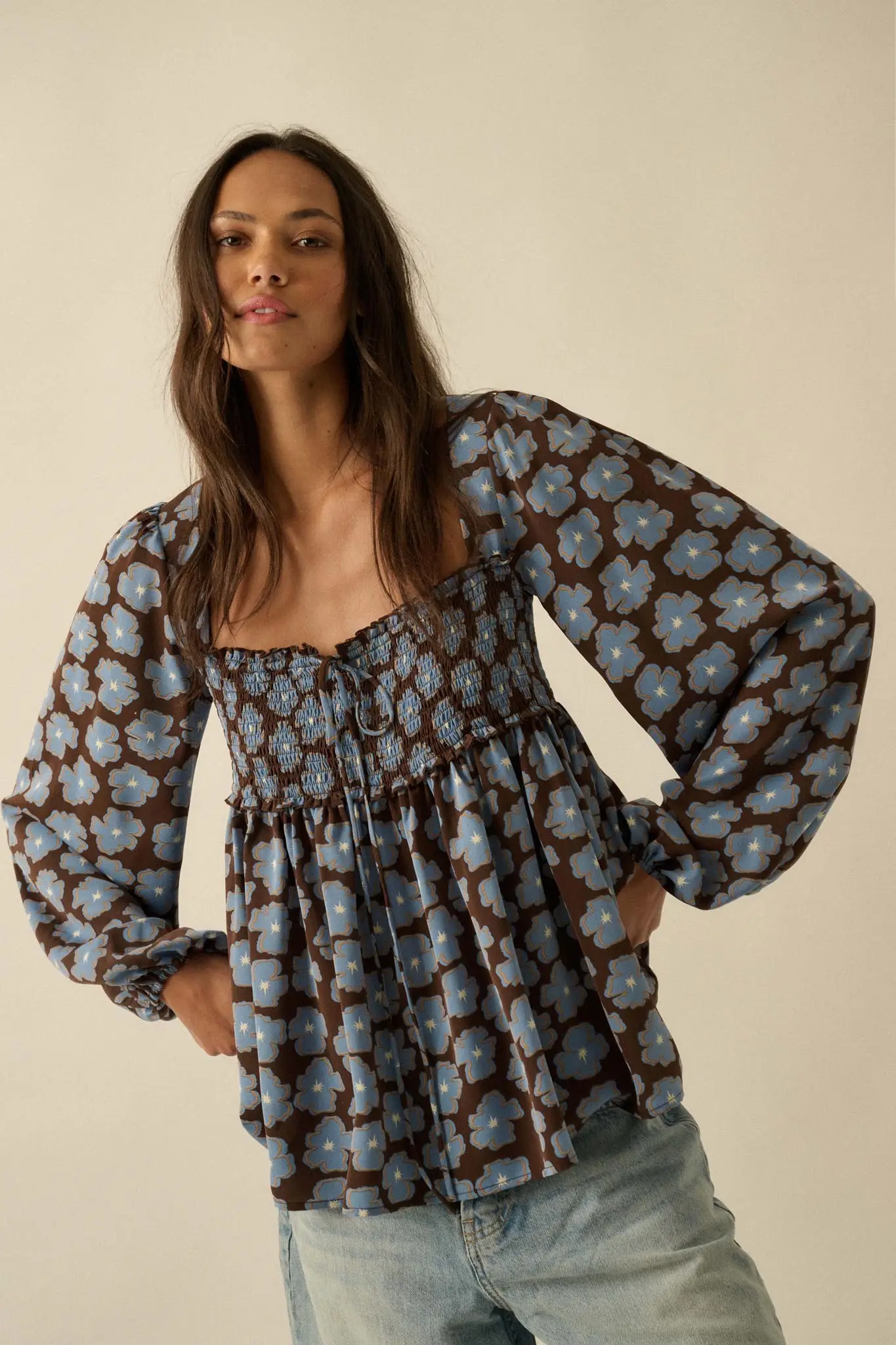 Bygone Blossoms Floral Smocked Babydoll Peasant Top - Image 3