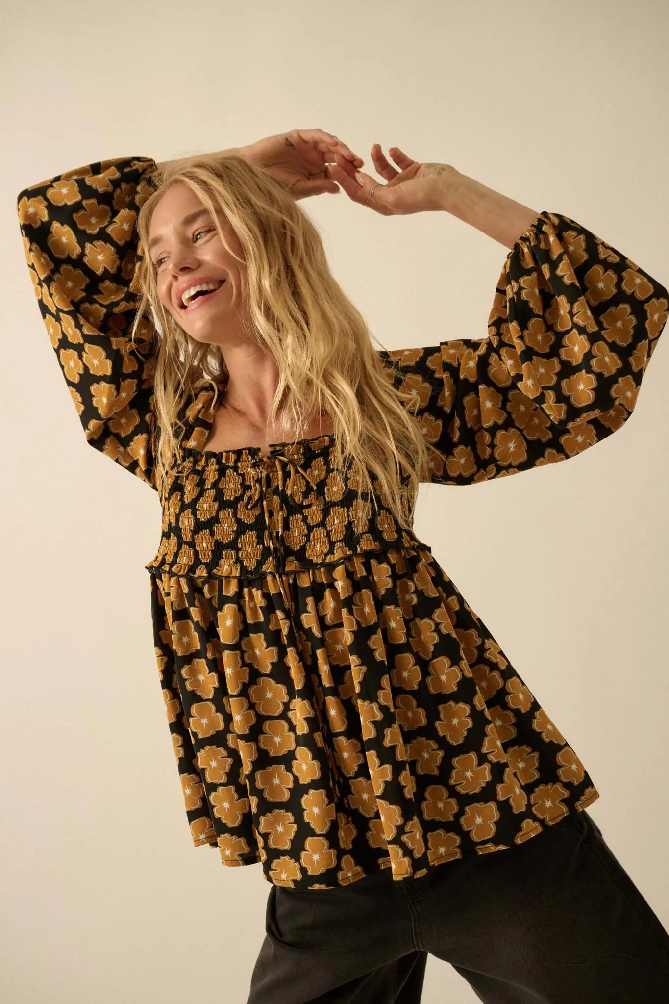 Bygone Blossoms Floral Smocked Babydoll Peasant Top - Image 7