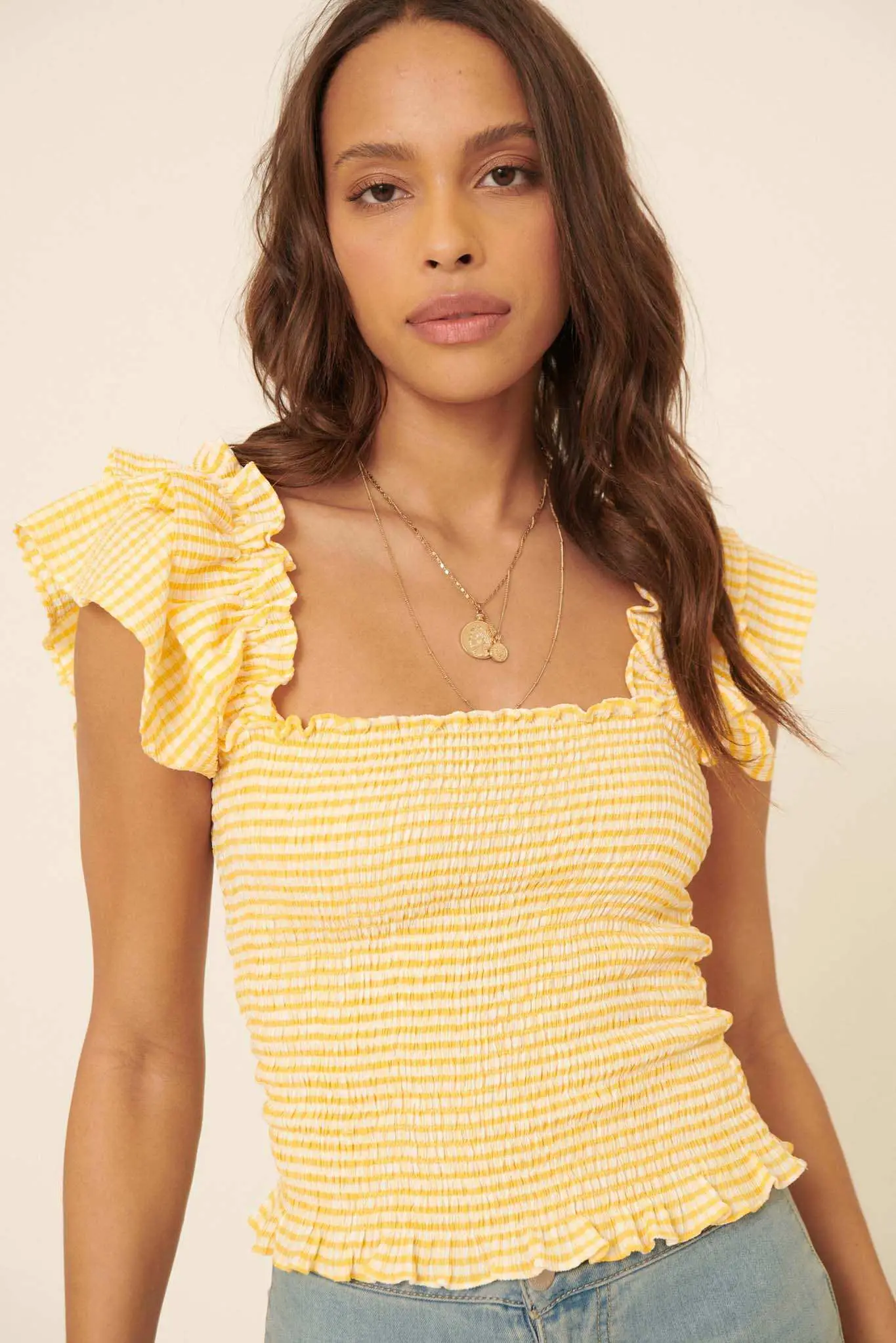 Candy Land Smocked Gingham Ruffled Peasant Top - Image 12