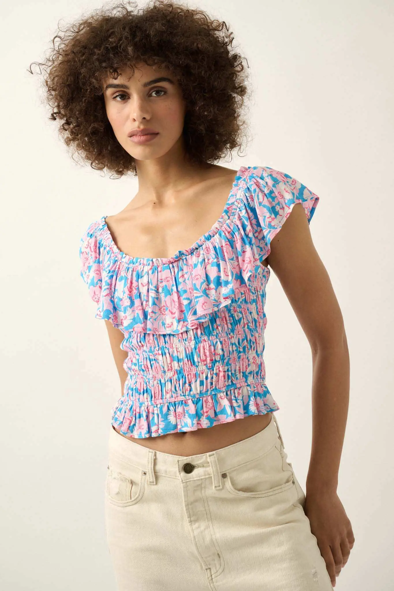 Cannes Coastline Floral Crepe Ruffle Blouse - Image 3