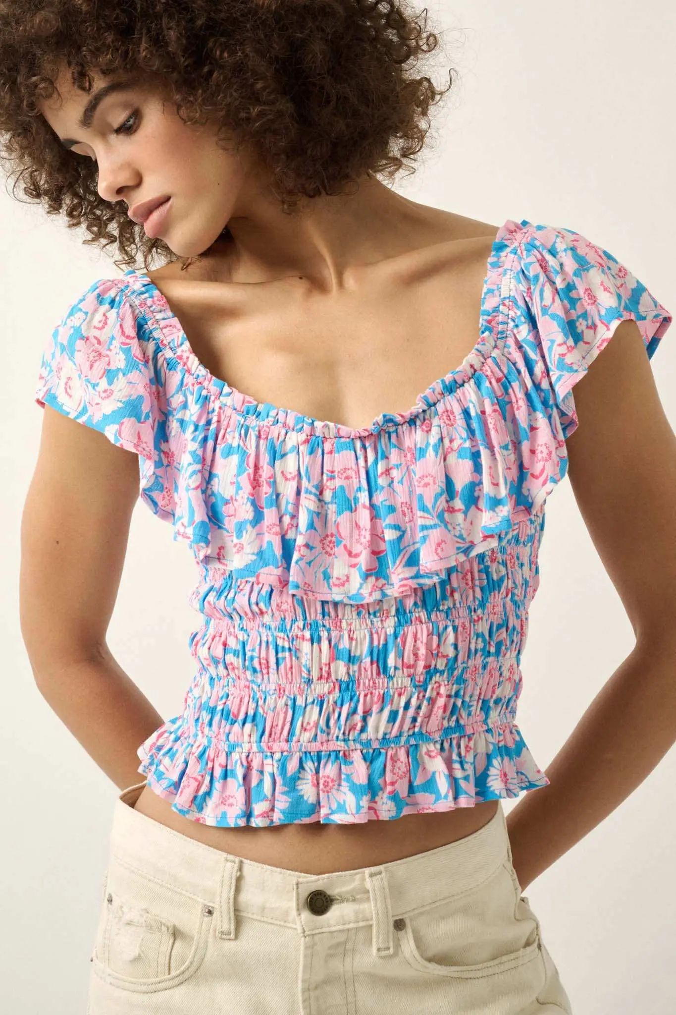 Cannes Coastline Floral Crepe Ruffle Blouse - Image 5