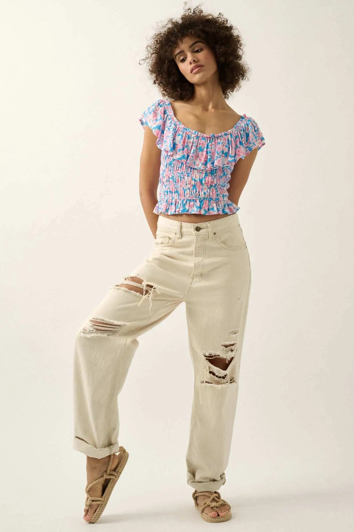 Cannes Coastline Floral Crepe Ruffle Blouse - Image 6