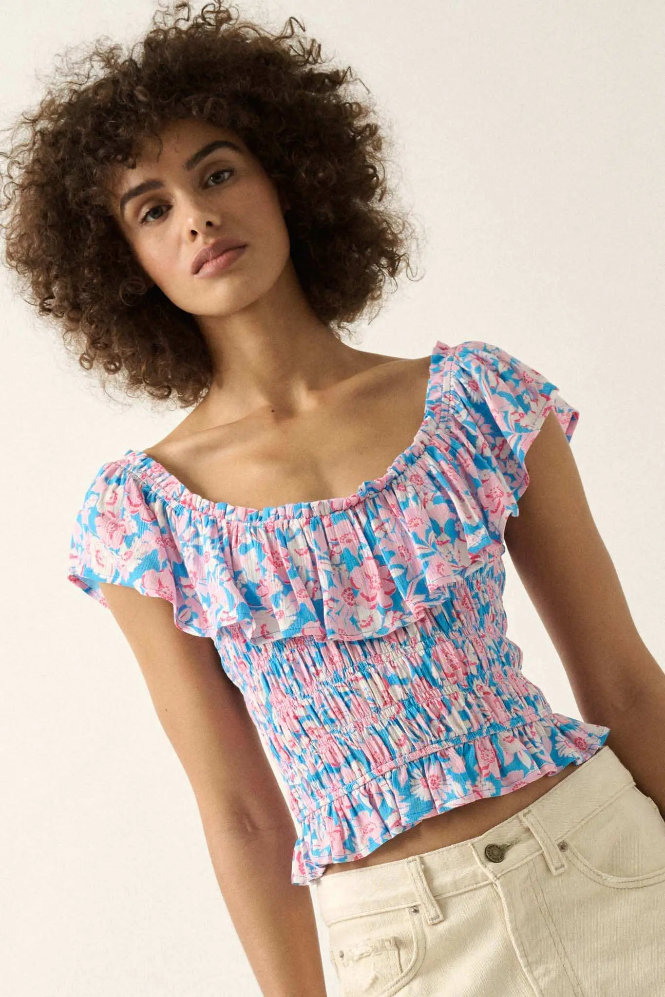 Cannes Coastline Floral Crepe Ruffle Blouse - Image 8
