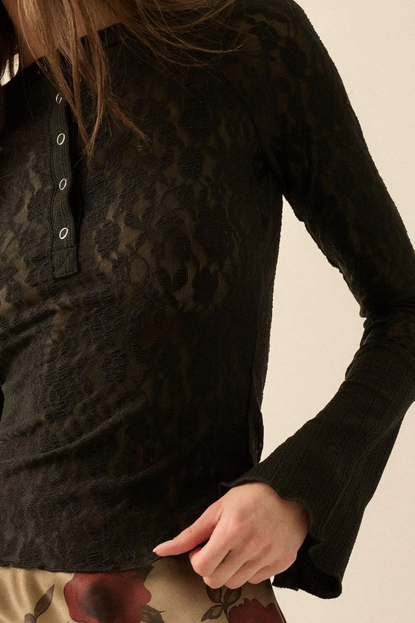 Casual Grace Floral Lace Raglan Henley Top - Image 4
