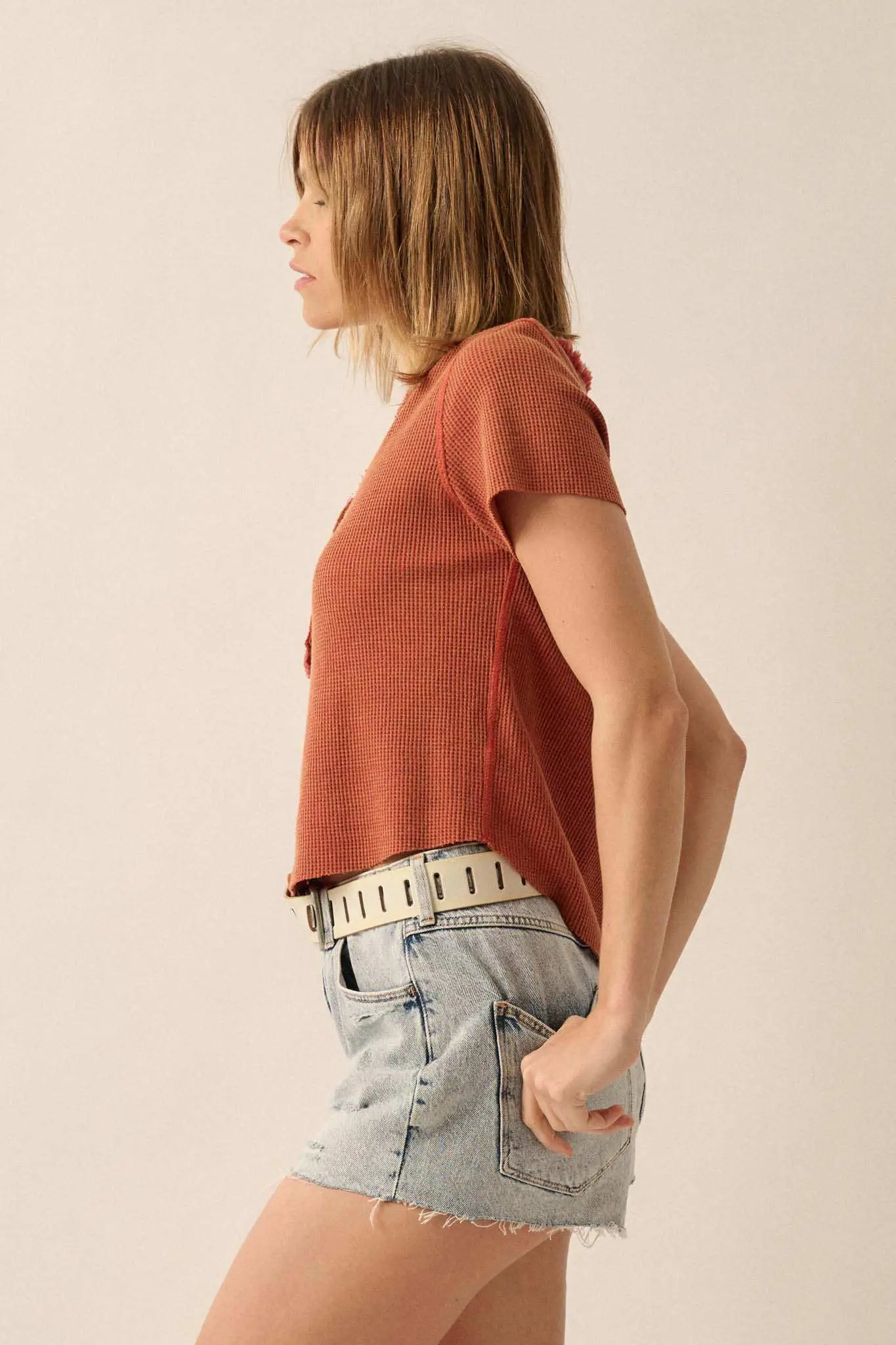 Casually Cool Waffle Knit Raw-Edge Henley Tee - Image 19