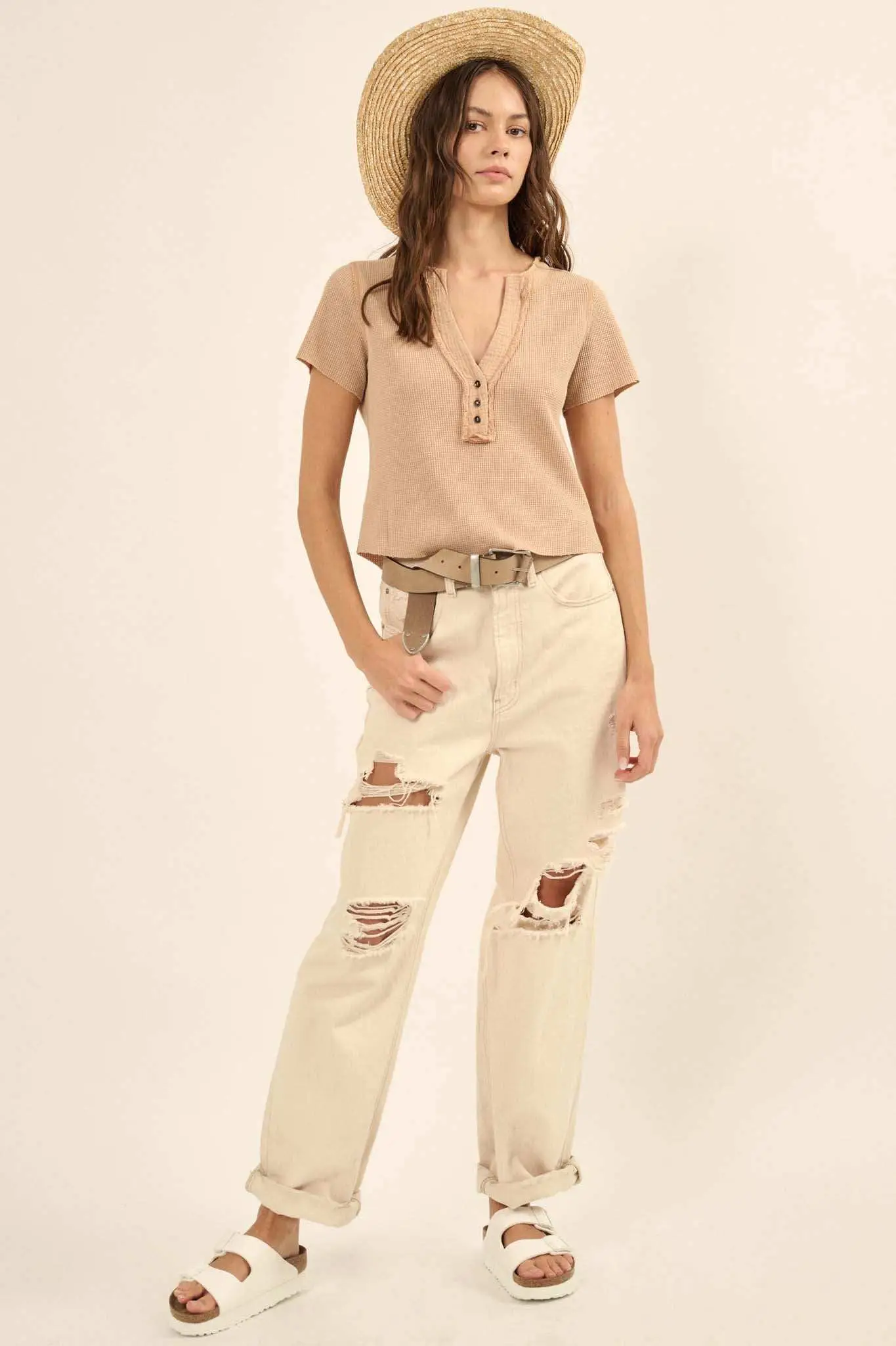 Casually Cool Waffle Knit Raw-Edge Henley Tee - Image 22