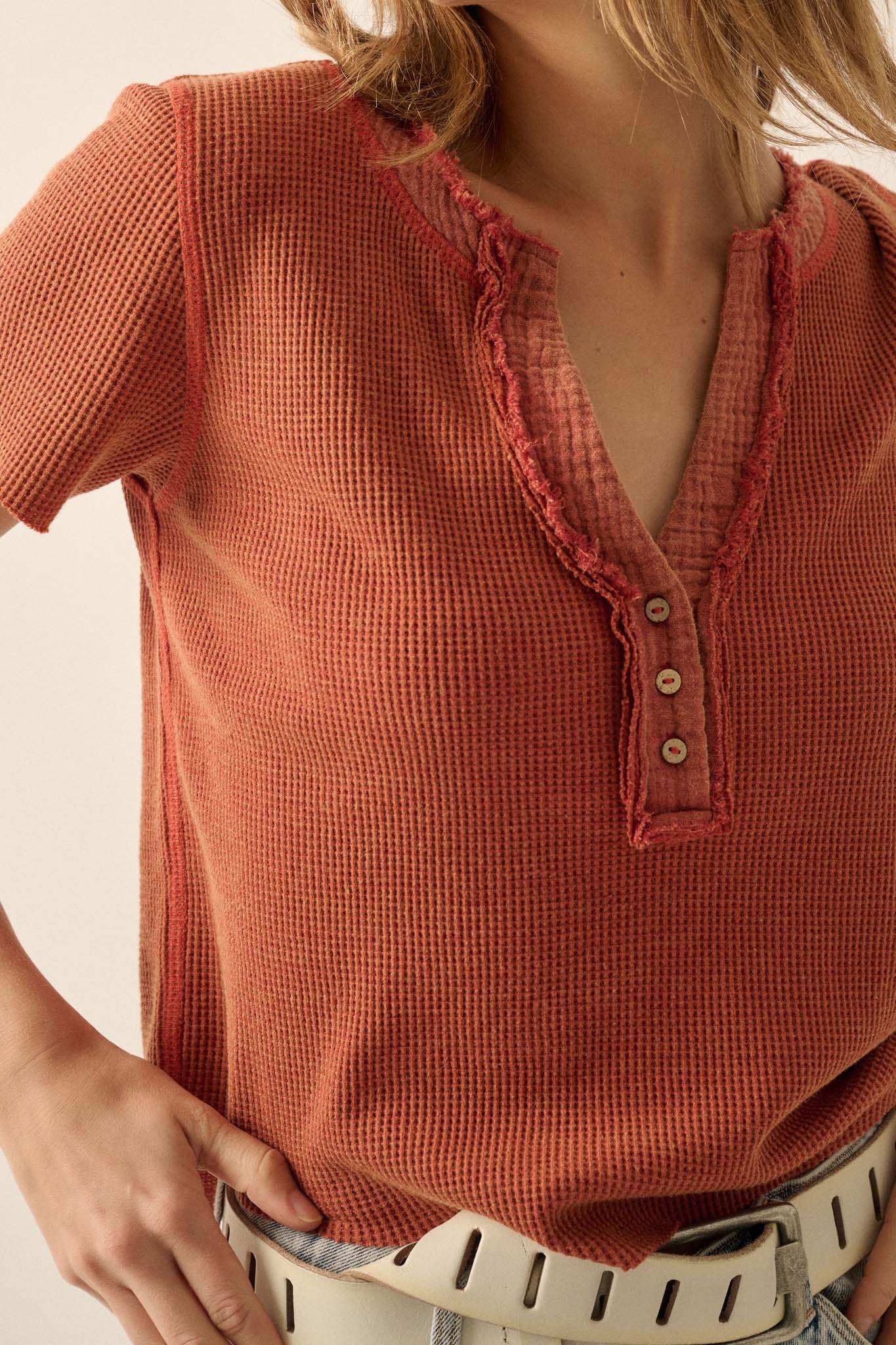Casually Cool Waffle Knit Raw-Edge Henley Tee - Image 32
