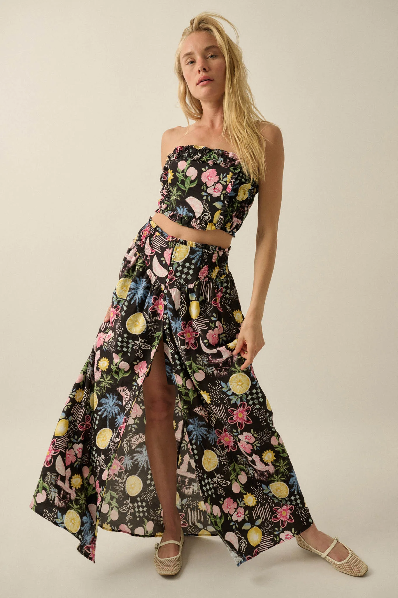 Celebrate Life Fruit & Floral-Print Button Maxi Skirt