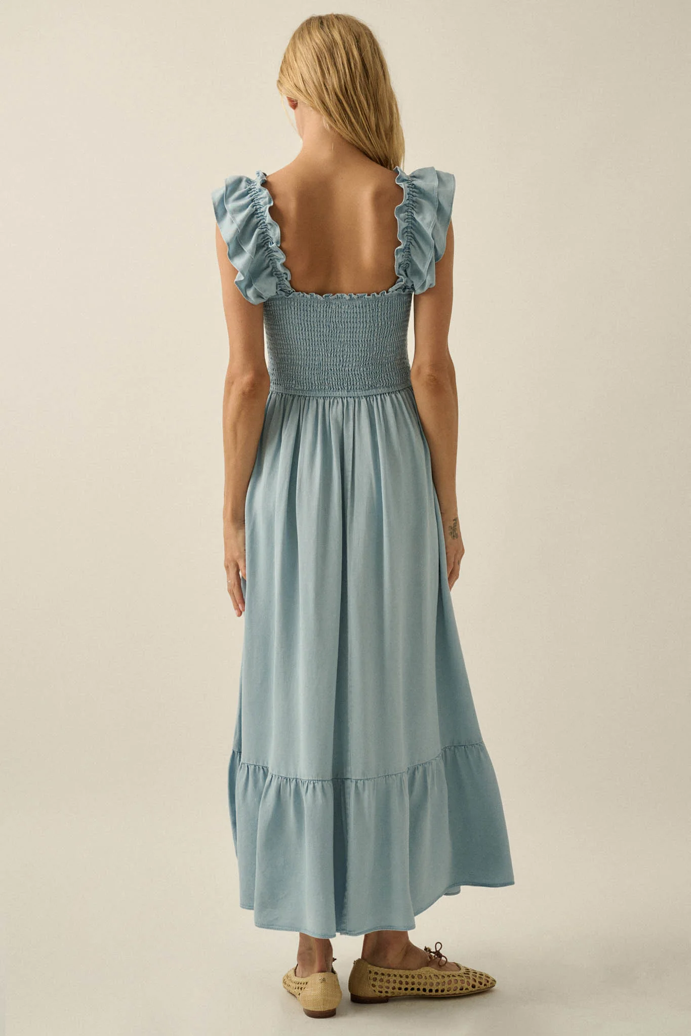 Chambray Sky Denim Smocked Ruffle Midi Dress - Image 2