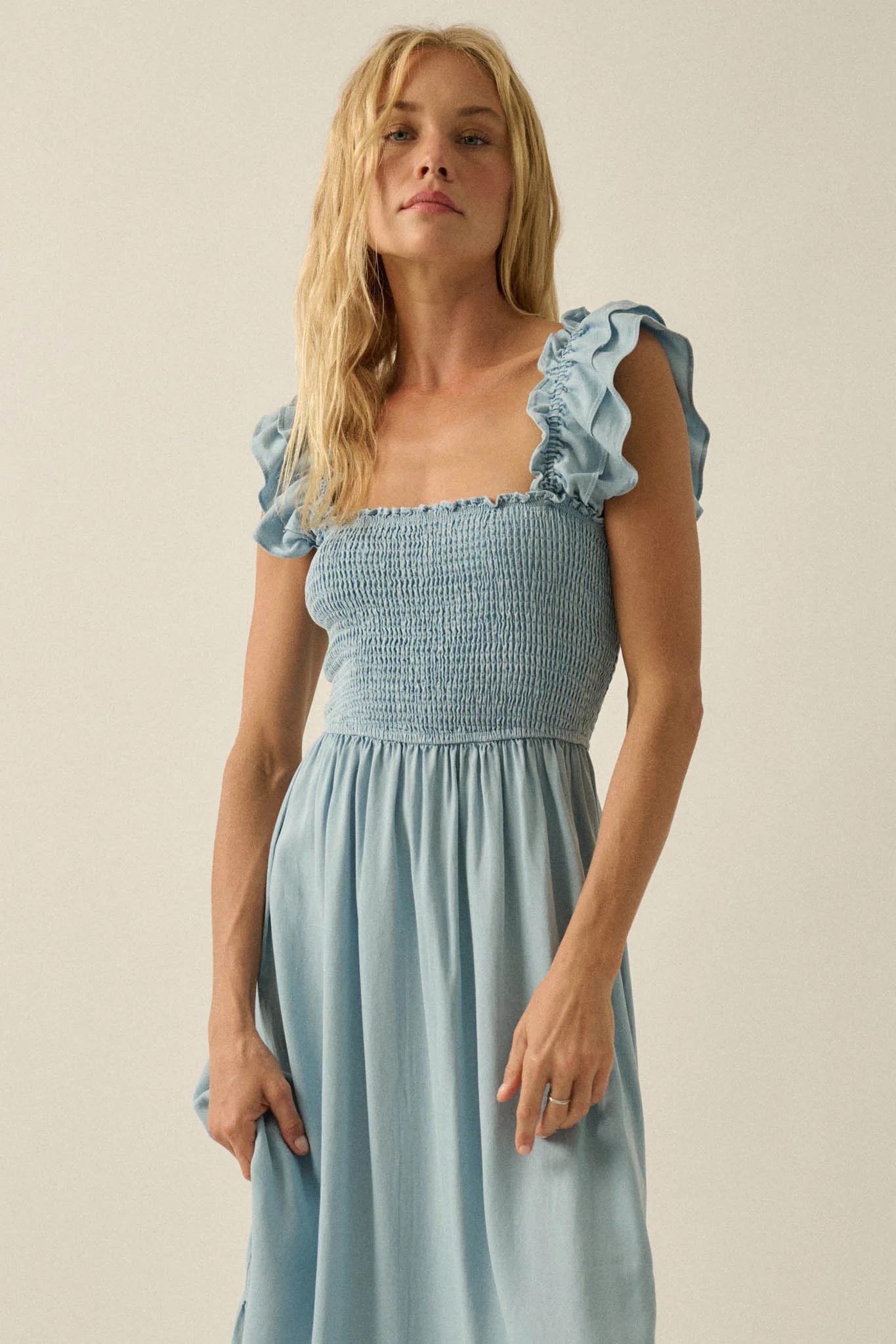 Chambray Sky Denim Smocked Ruffle Midi Dress - Image 3