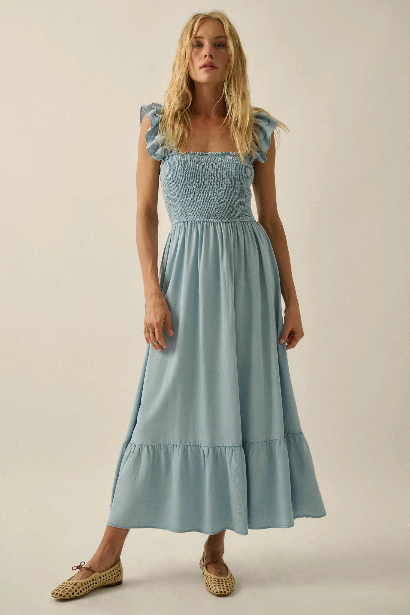 Chambray Sky Denim Smocked Ruffle Midi Dress - Image 4
