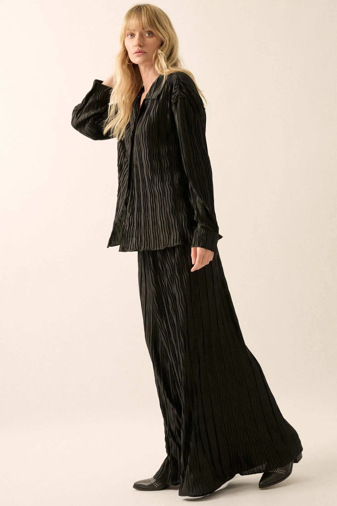 Changing Tides Pleated Satin Button-Up Shirt - Image 6