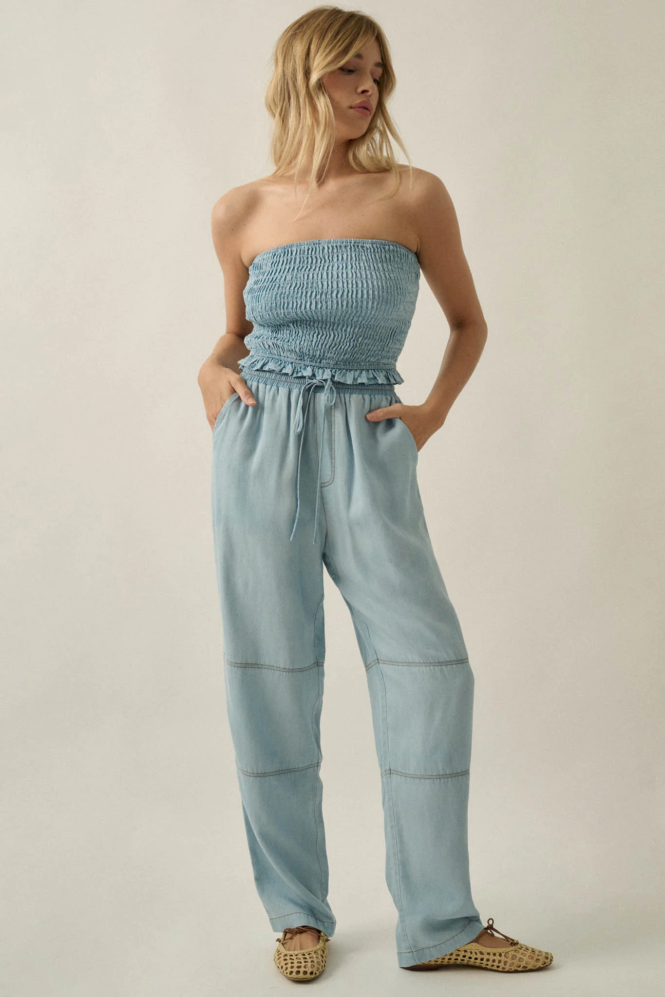 Chasing Clouds Denim Drawstring Barrel Pants - Image 3